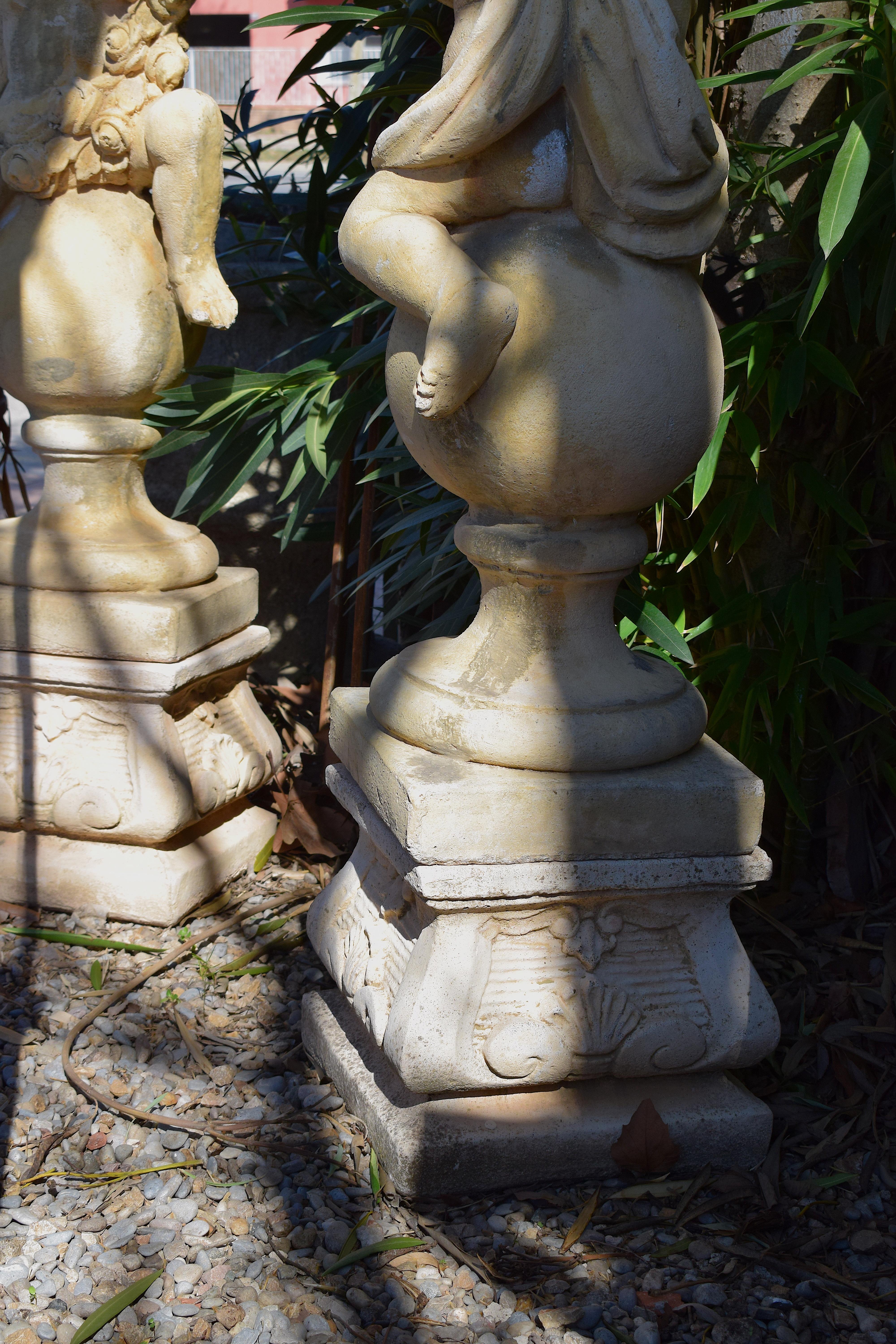 Pair of 20th Century Garden Cherubs on Square Plinths For Sale 12