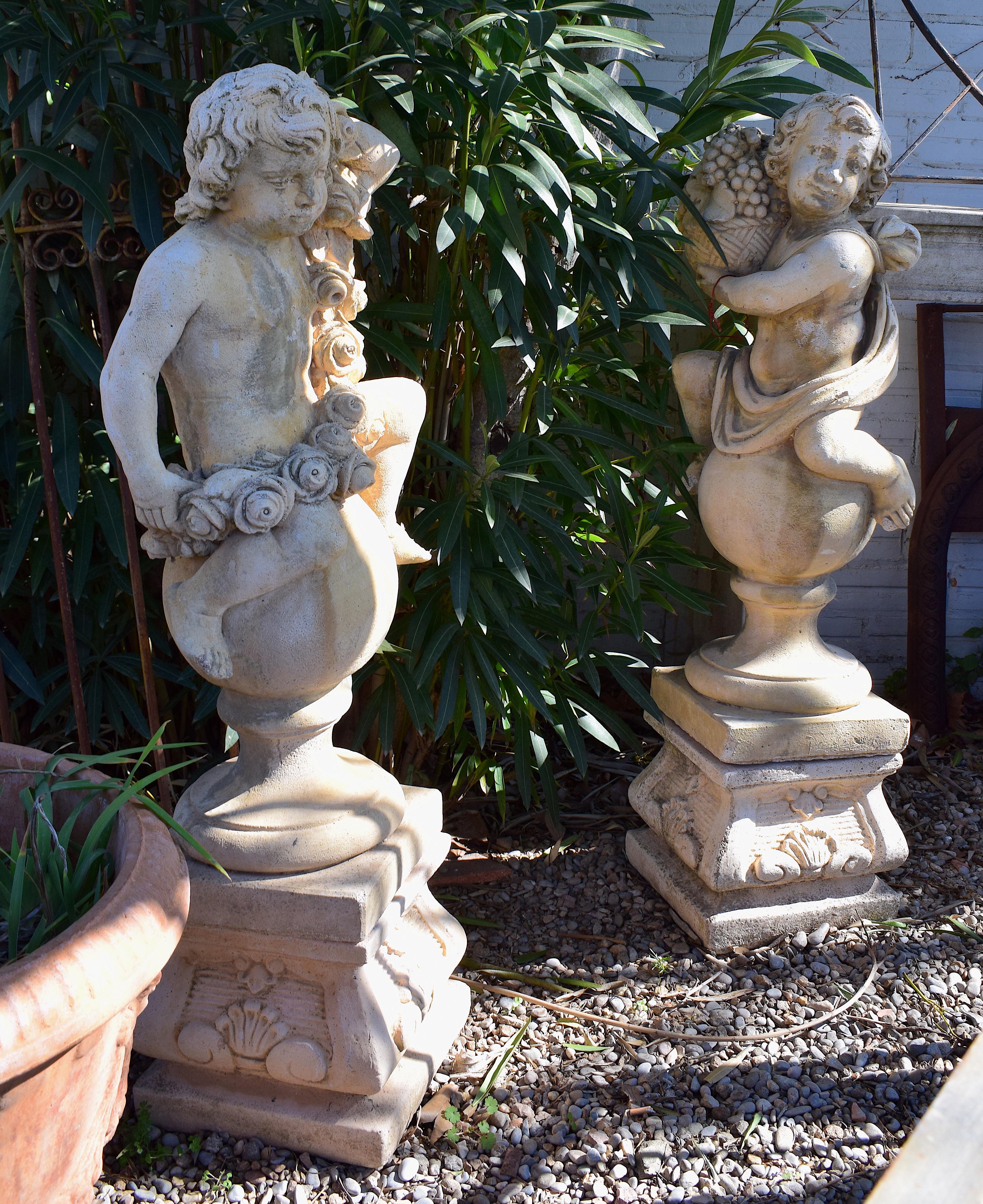Baroque Revival Pair of 20th Century Garden Cherubs on Square Plinths For Sale