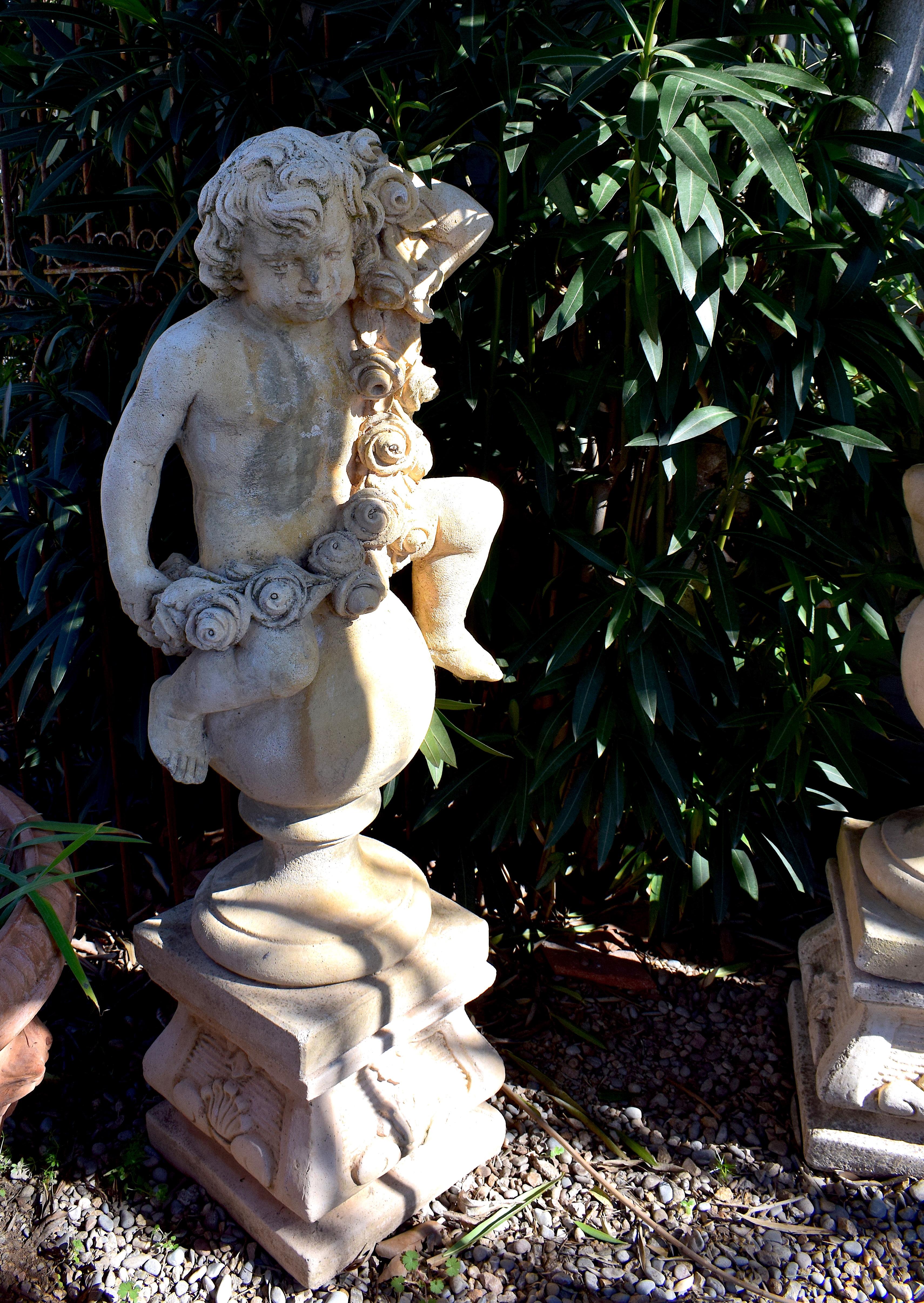 French Pair of 20th Century Garden Cherubs on Square Plinths For Sale