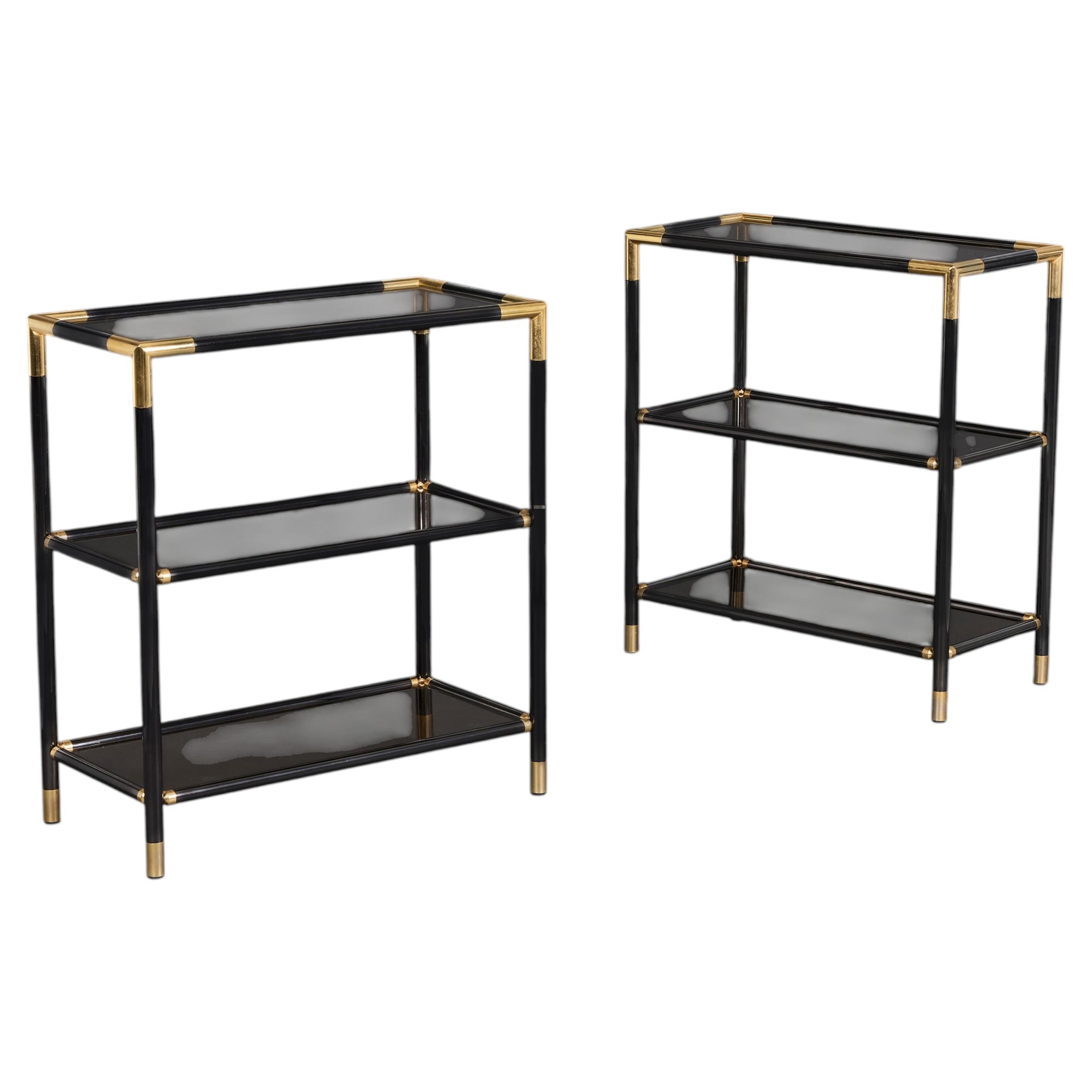 A Pair of 20th Century Gunmetal and Brass Etagere Console Tables For Sale