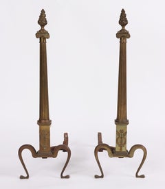 Pair of 20th Century Neoclassical Brass Andirons with Flame Finials