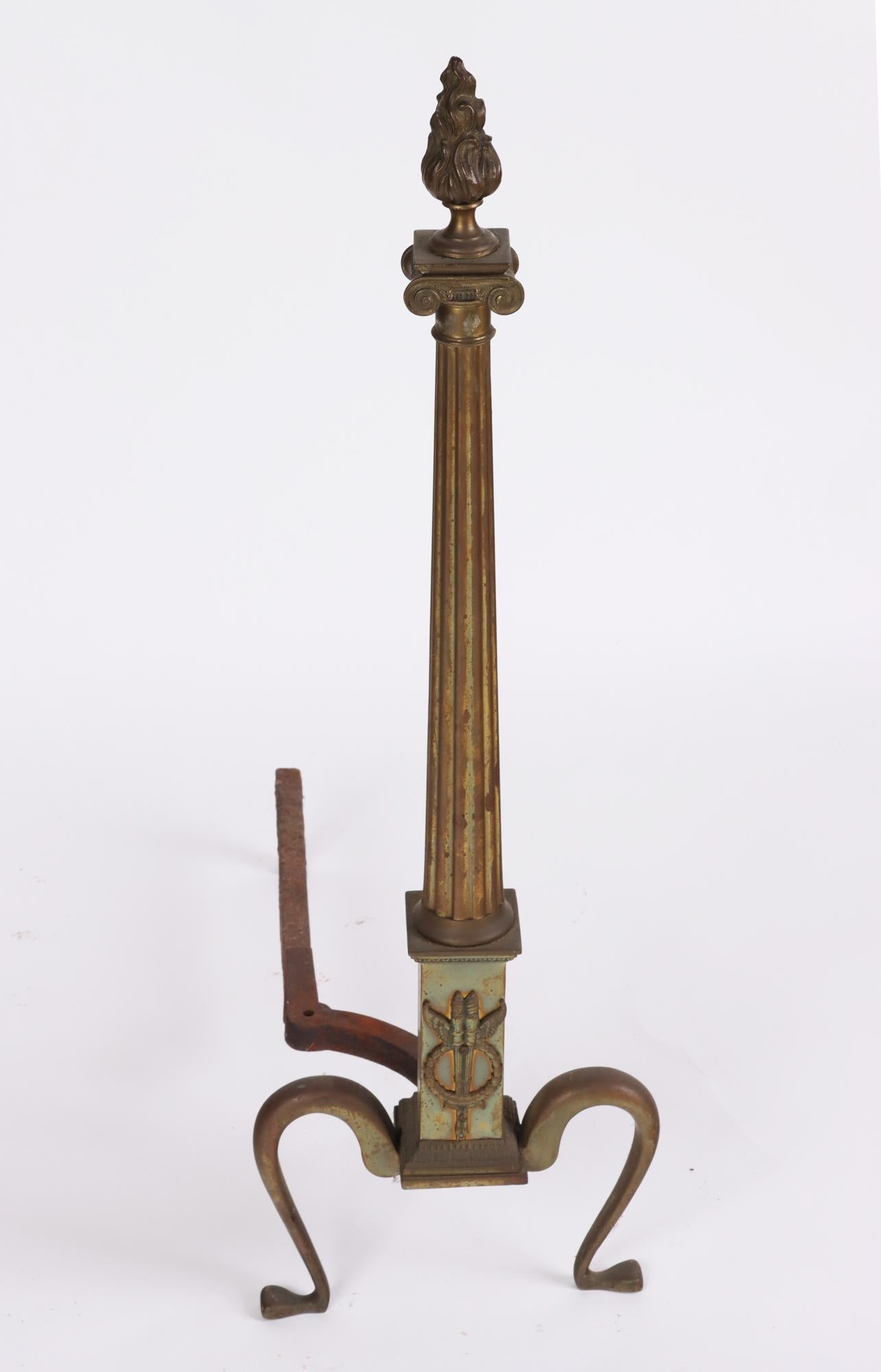 North American Pair of 20th Century Neoclassical Brass Andirons with Flame Finials For Sale