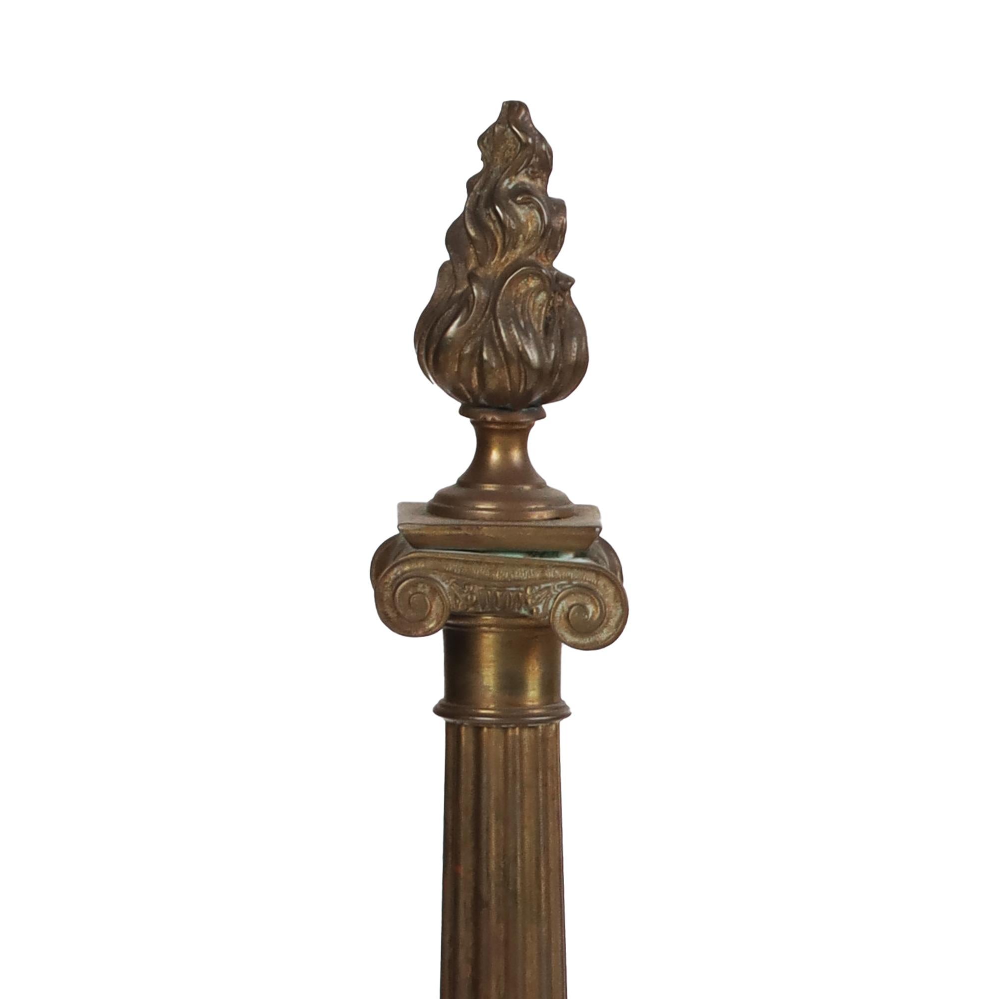 Pair of 20th Century Neoclassical Brass Andirons with Flame Finials For Sale 3