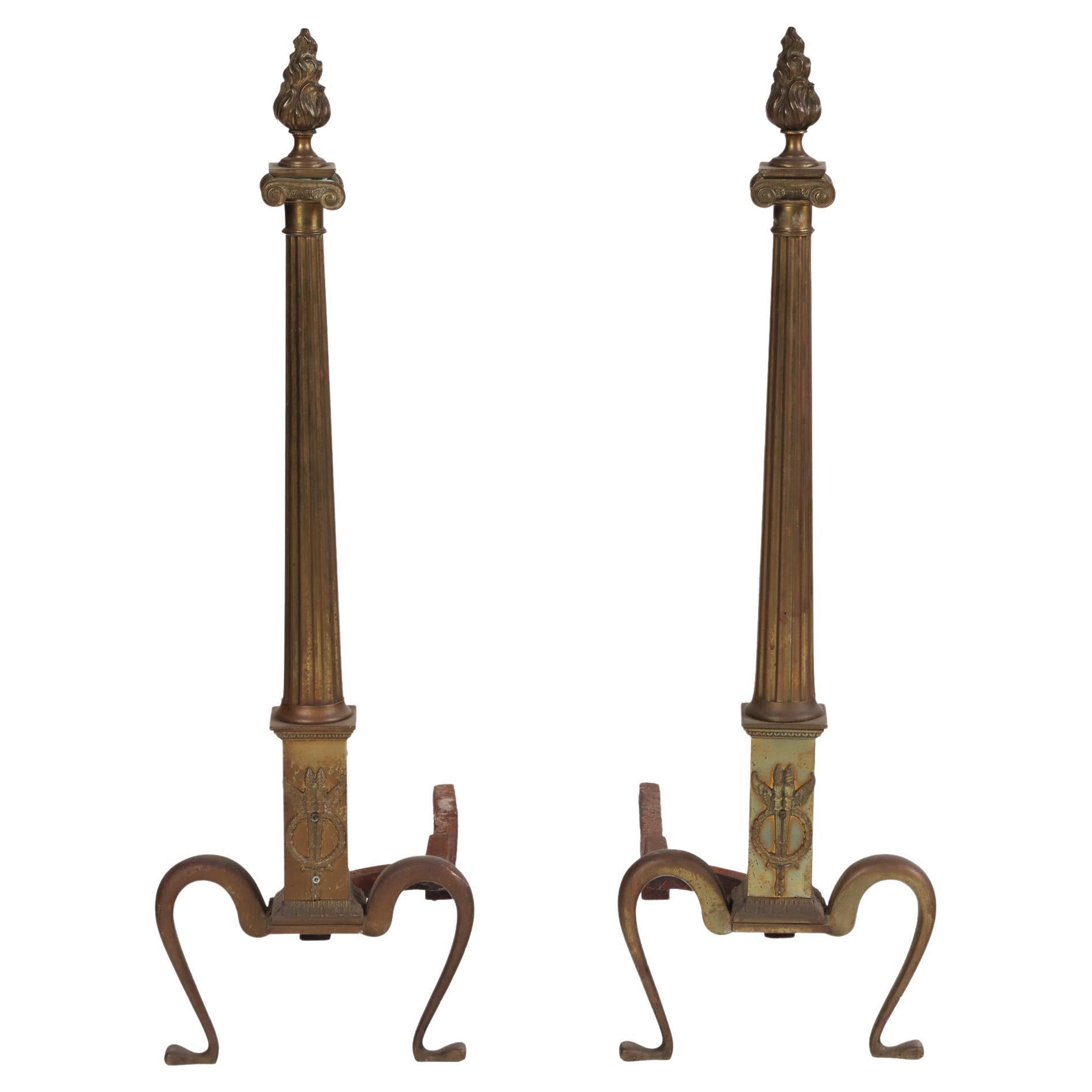 Pair of 20th Century Neoclassical Brass Andirons with Flame Finials For Sale