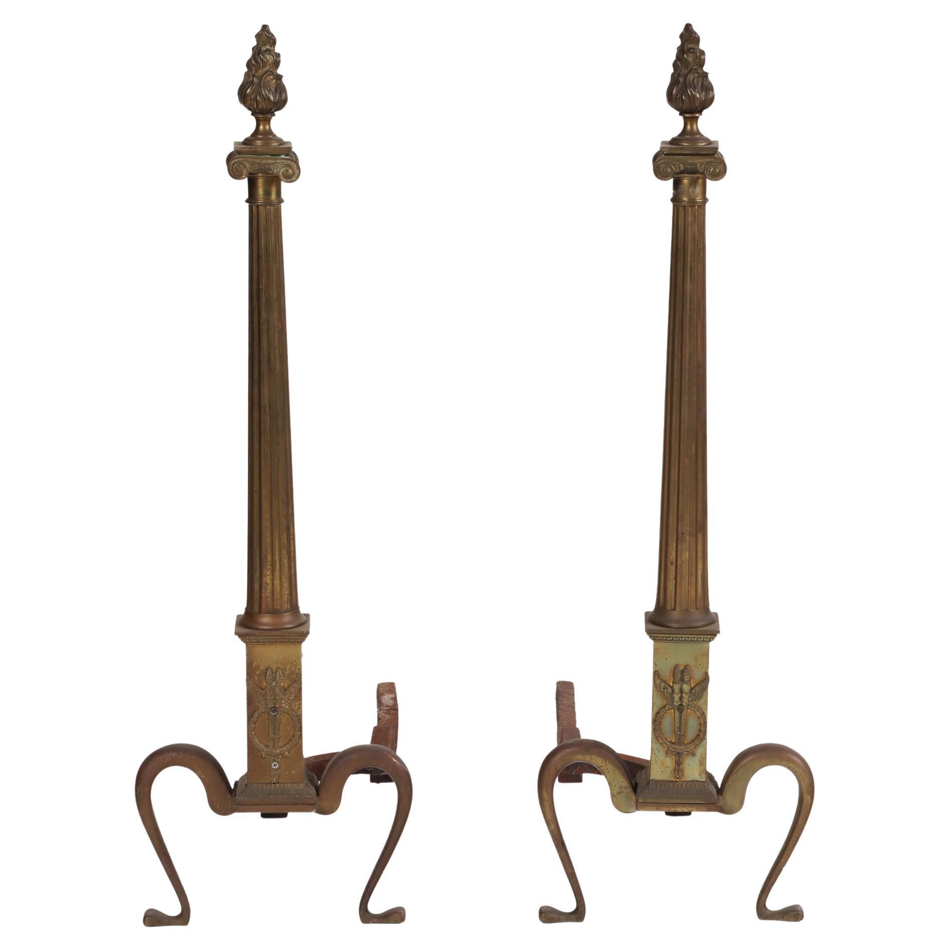 Pair of 20th Century Neoclassical Brass Andirons with Flame Finials