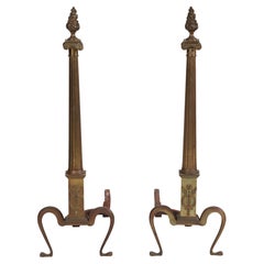 Pair of 20th Century Neoclassical Brass Andirons with Flame Finials
