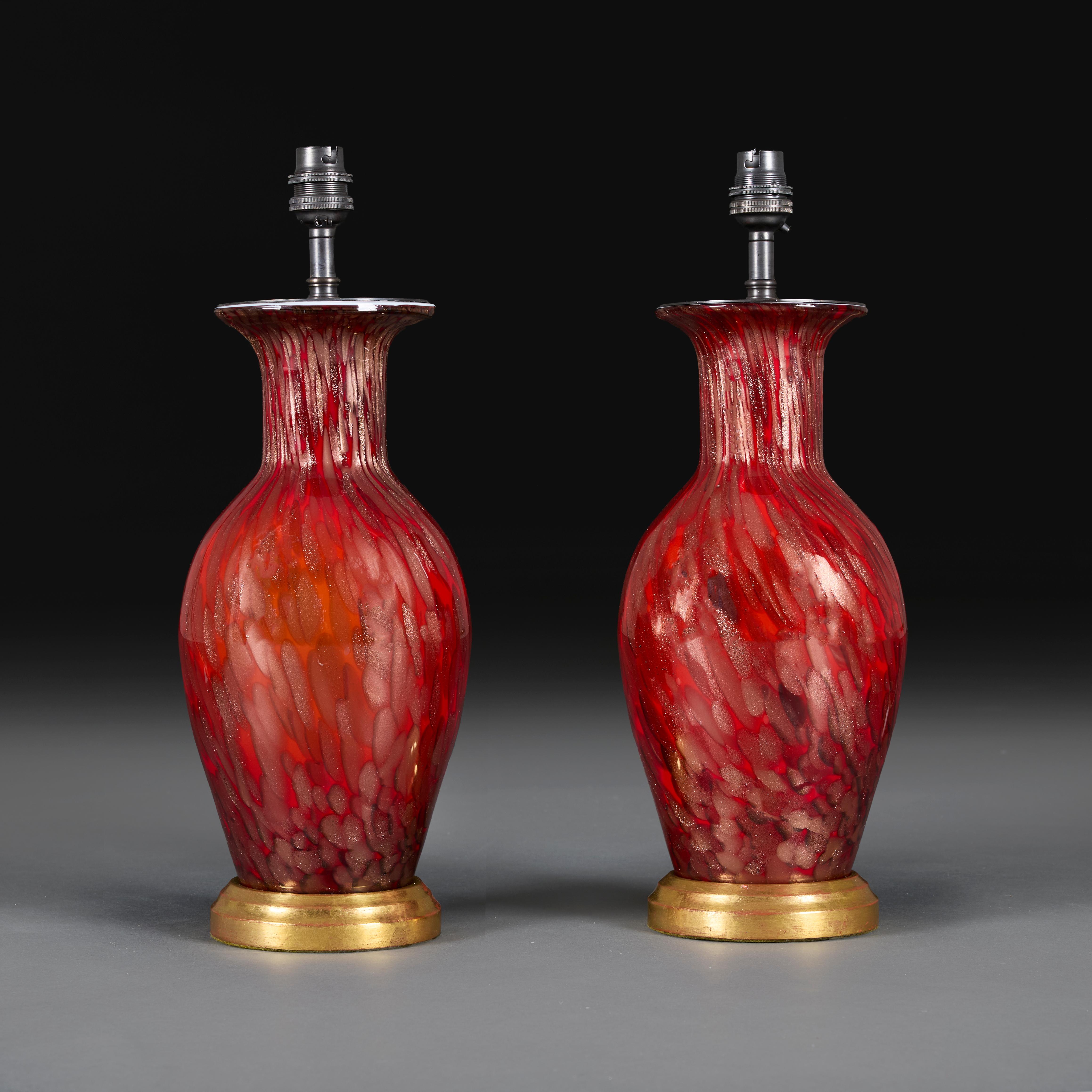 Italian A Pair of 20th Century Red Tortoiseshell Murano Glass Lamps For Sale