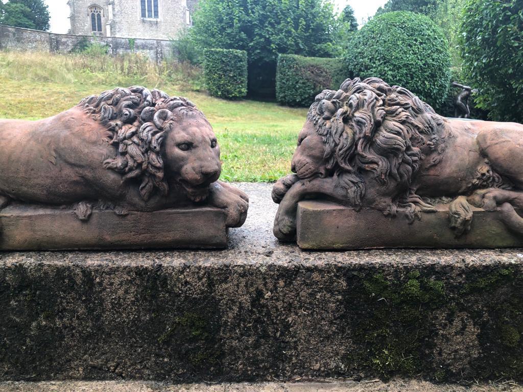 Fired Pair of 20th Century Terracotta Canova Lions