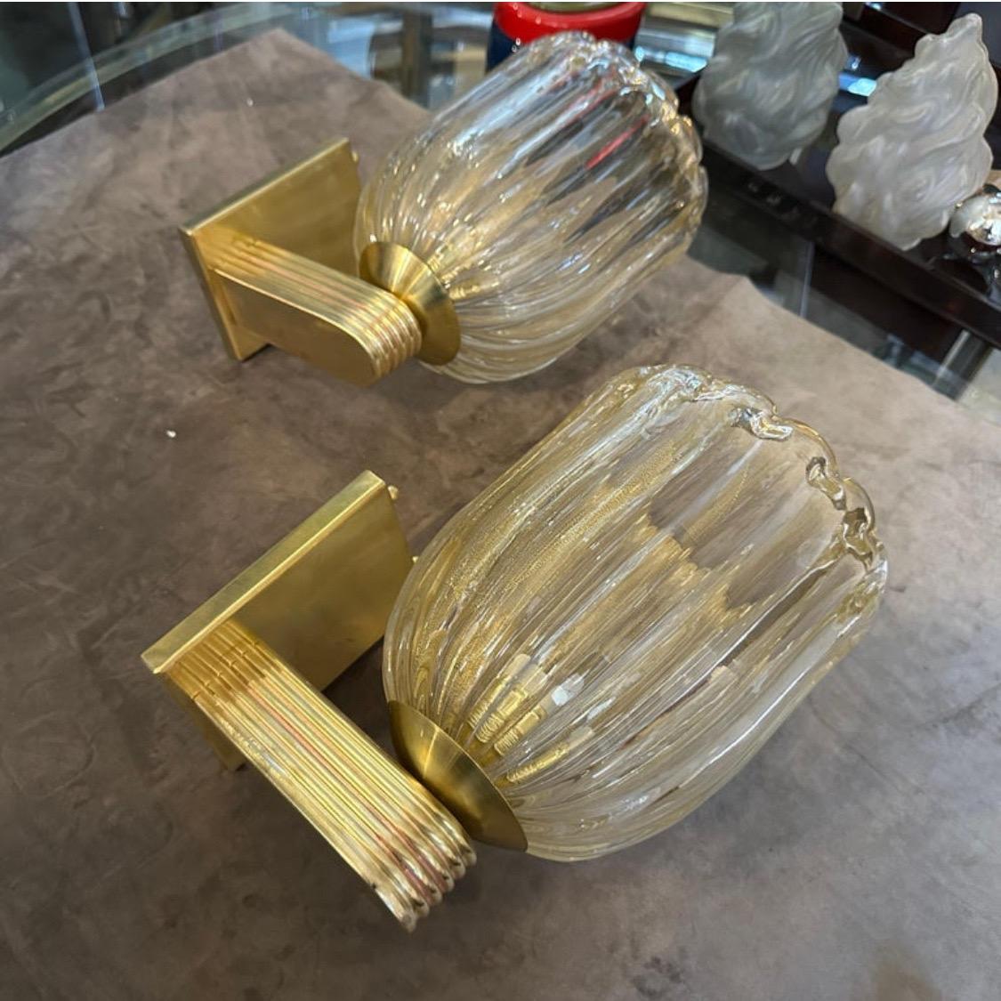 Contemporary A Pair of 21st Century Barovier Style Art Deco Murano Glass Wall Sconces For Sale
