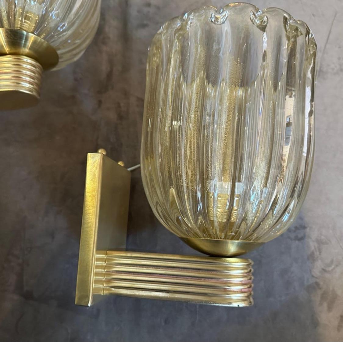 Brass A Pair of 21st Century Barovier Style Art Deco Murano Glass Wall Sconces For Sale