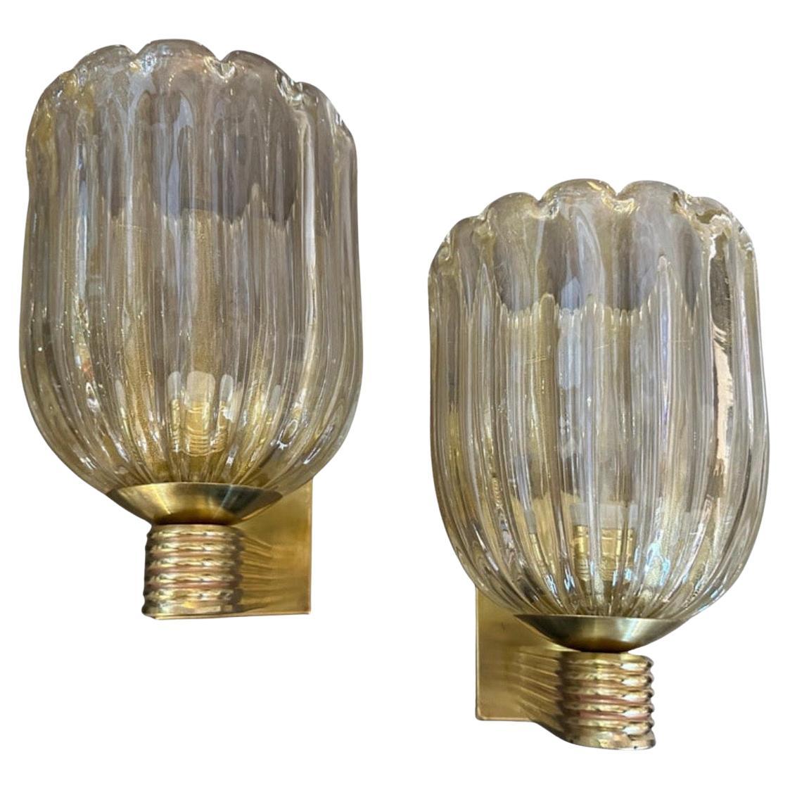 A Pair of 21st Century Barovier Style Art Deco Murano Glass Wall Sconces For Sale