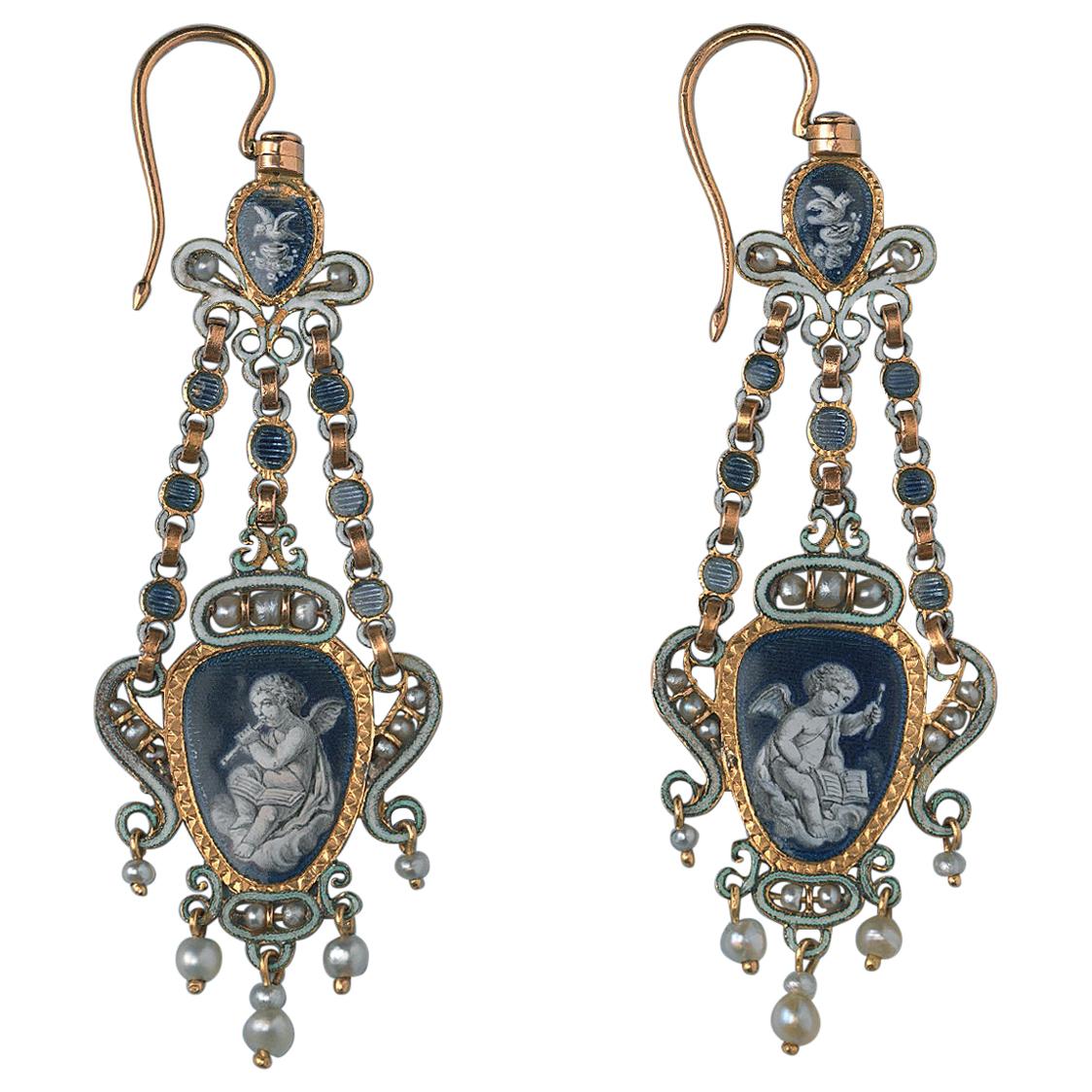 Pair of 18 Carat Gold Double Sided Earrings with Enamel and Pearls