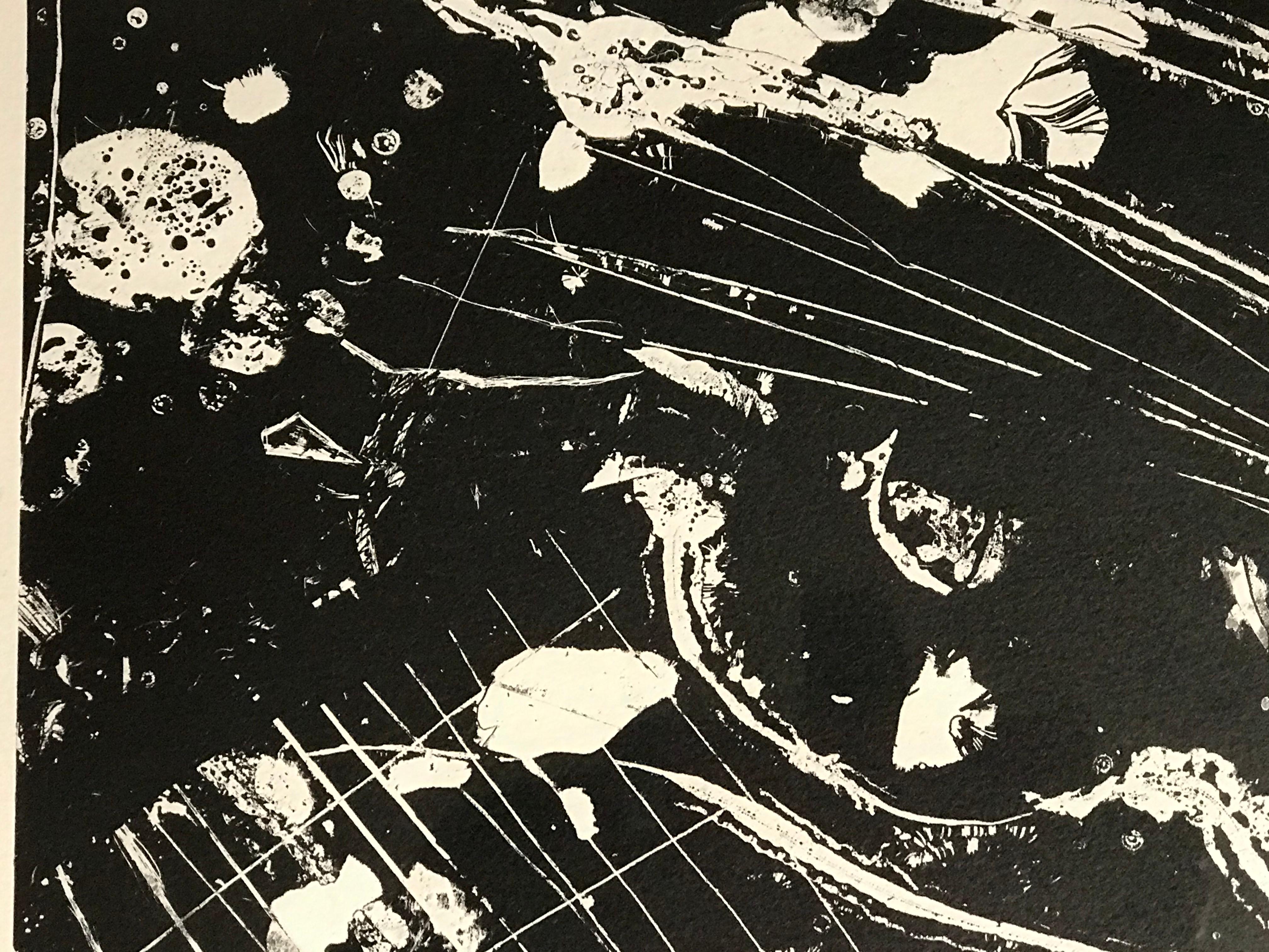 A white and black abstract lithograph depicting an imaginary galaxy by Louise Siekman. It is numbered 1/10.
It sits in a black stained frame.