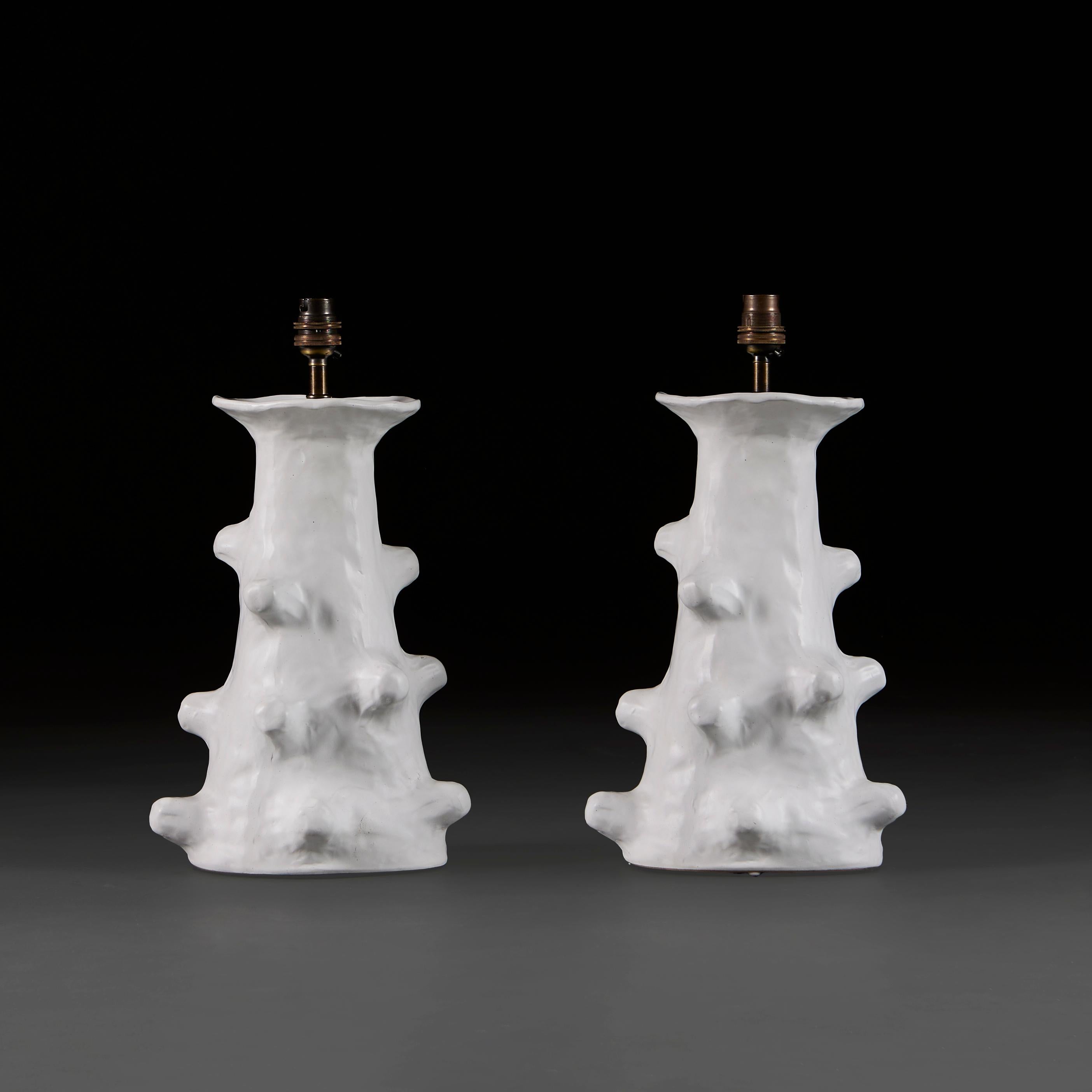French A Pair of Abstract White Ceramic Table Lamps