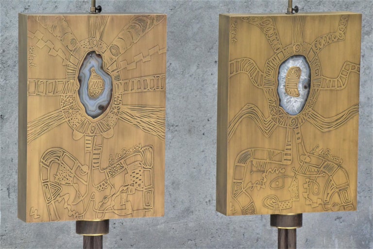 Pair of energy Acid Etched Floor Lamps with Agate Stone Inlay by Studio