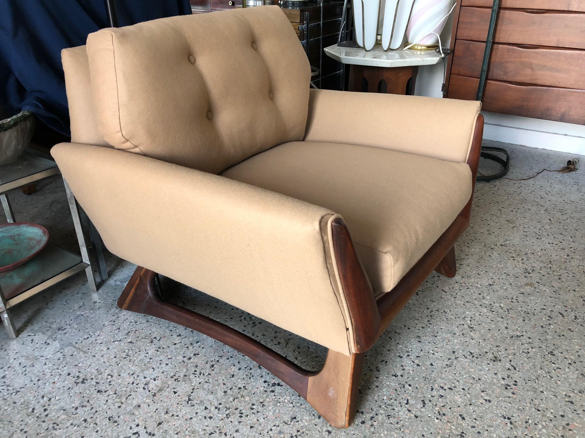 A pair of sculptural armchairs by Adrian Pearsall for Craft Associates, circa 1960s. Walnut frames with nice graining. Newly upholstered in camel wool.