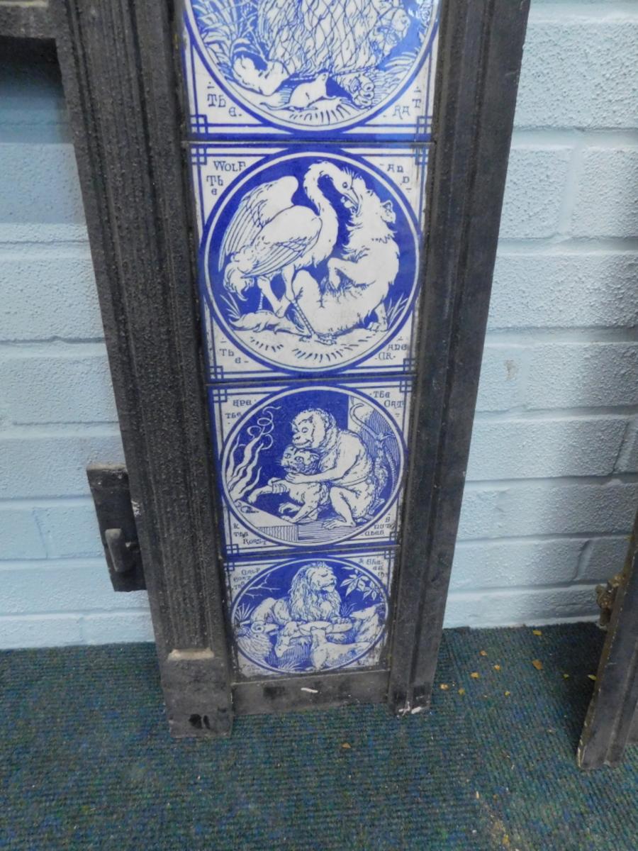Late 19th Century Pair of Aesthetic Movement Cast Fire Inserts with Mintons Aesop's Fables Tiles For Sale
