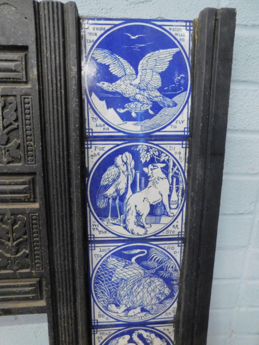 Pair of Aesthetic Movement Cast Fire Inserts with Mintons Aesop's Fables Tiles For Sale 1