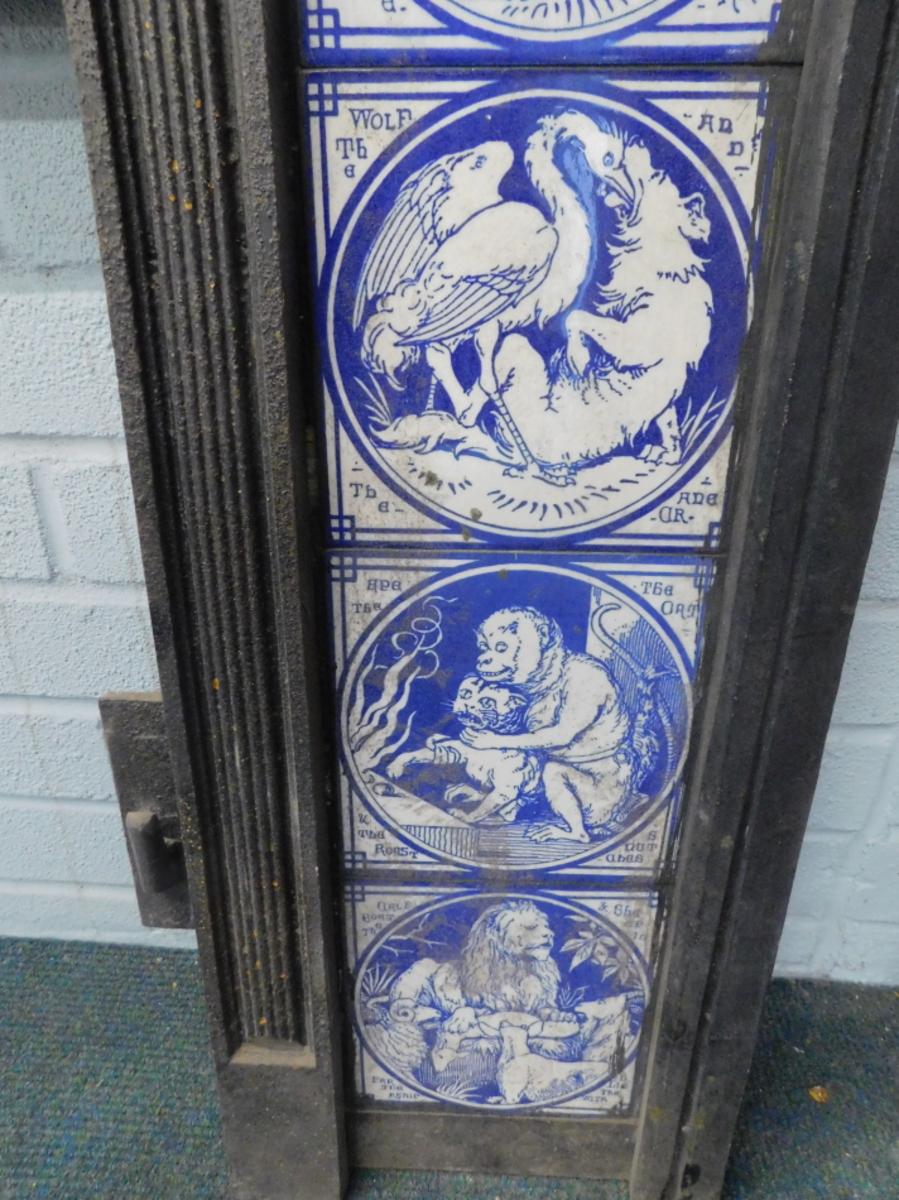 Pair of Aesthetic Movement Cast Fire Inserts with Mintons Aesop's Fables Tiles For Sale 2