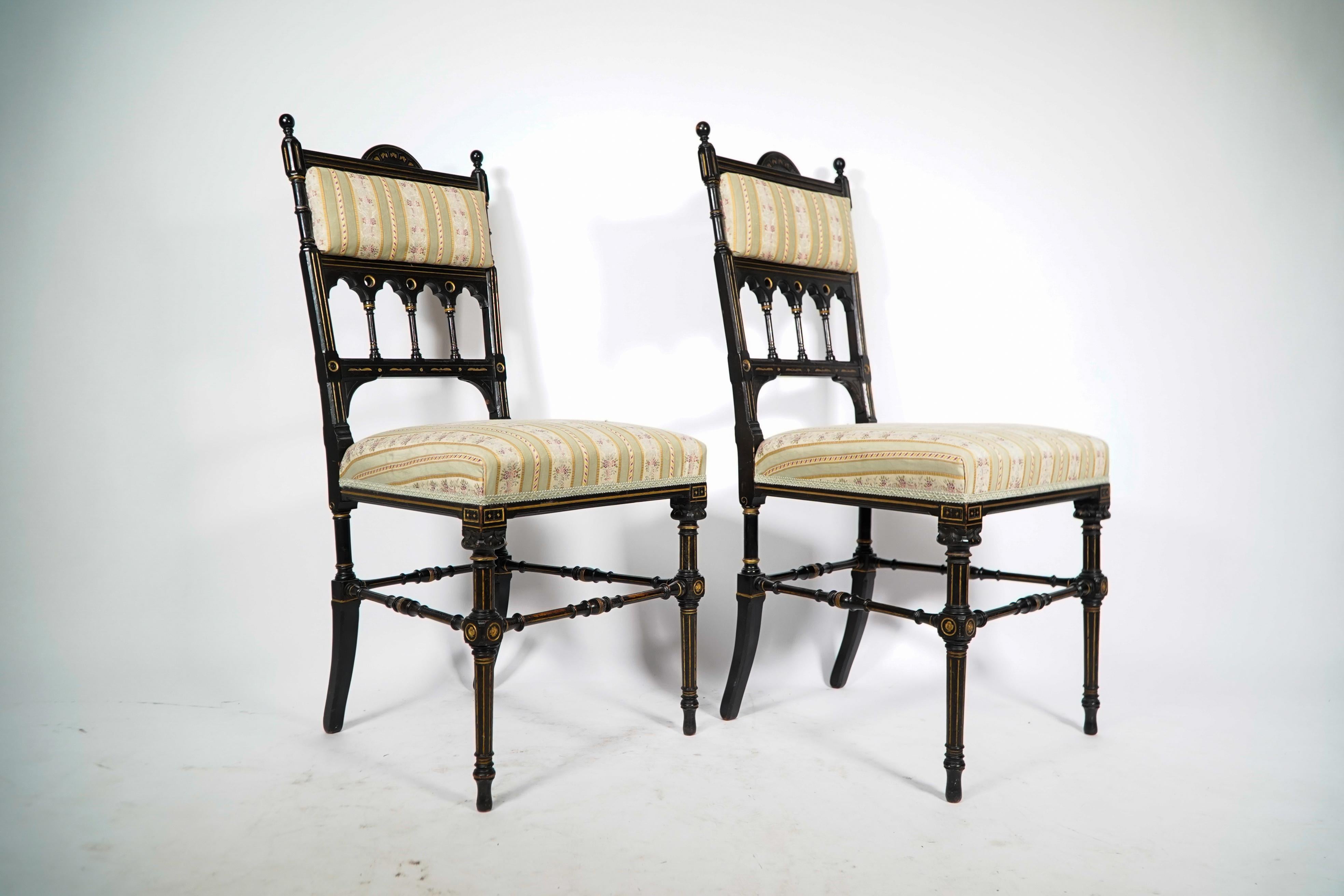 Late 19th Century Whytock & Reid. A pair of Aesthetic Movement ebonized & parcel gilt side chairs. For Sale