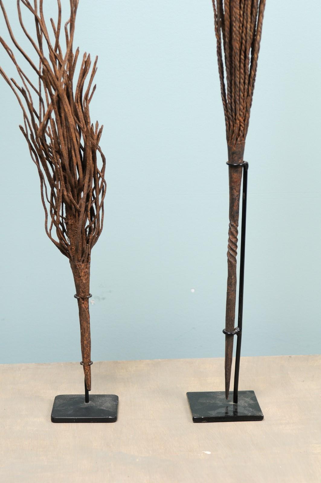 Pair of African Mumuye Rain Wands on Stands In Good Condition For Sale In Atlanta, GA