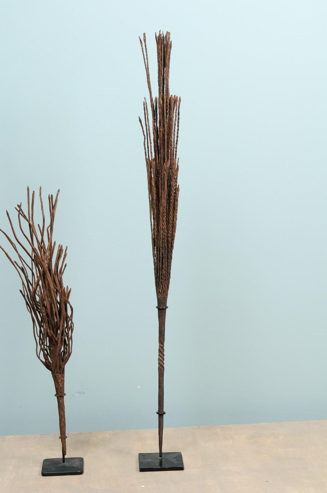 Iron Pair of African Mumuye Rain Wands on Stands For Sale
