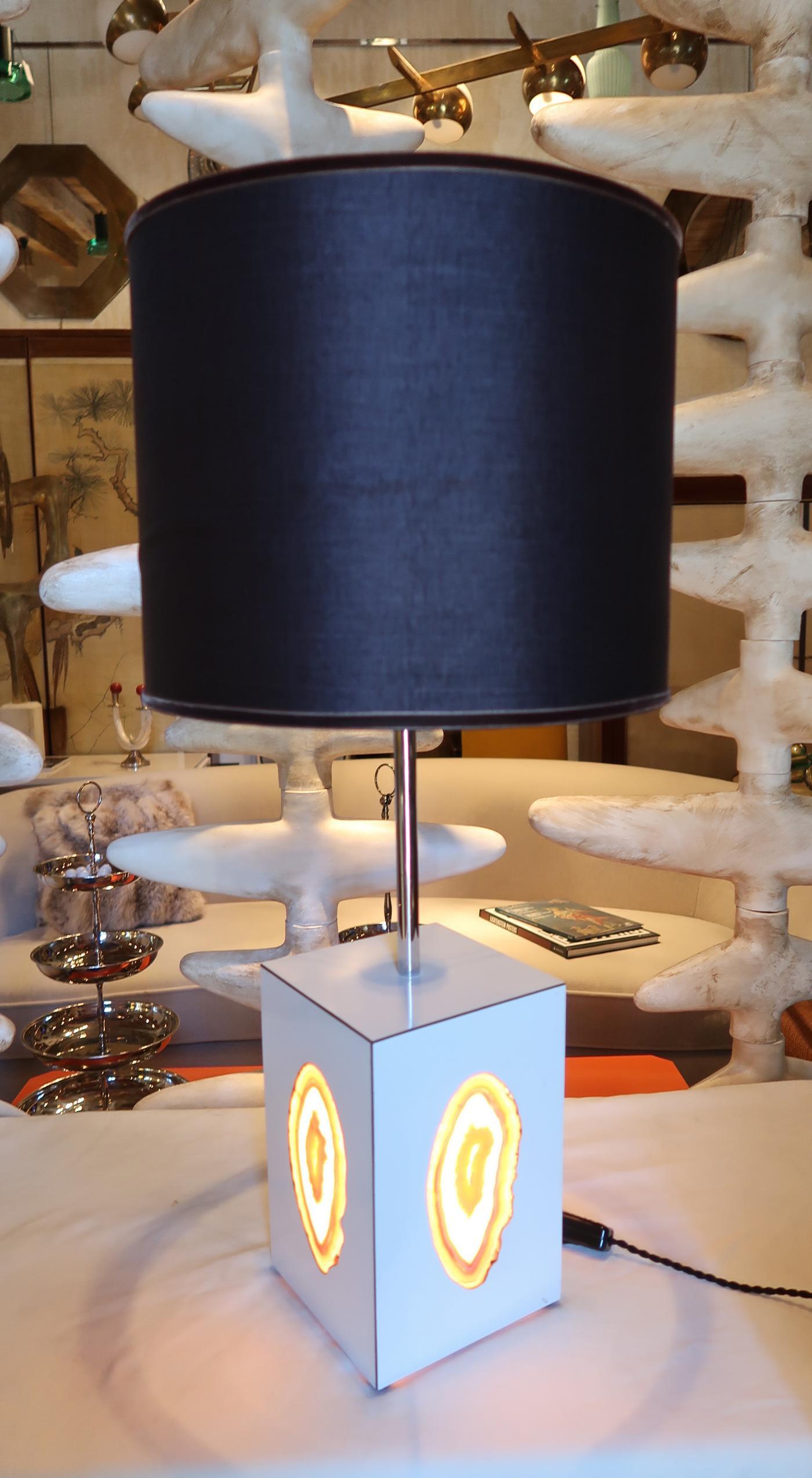 Pair of Agate, Chrome and Raffia Shade Midcentury Italian Table Lamps, 1960 In Good Condition In Madrid, ES