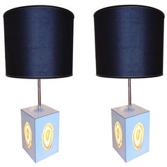 Pair of Agate, Chrome and Raffia Shade Midcentury Italian Table Lamps, 1960