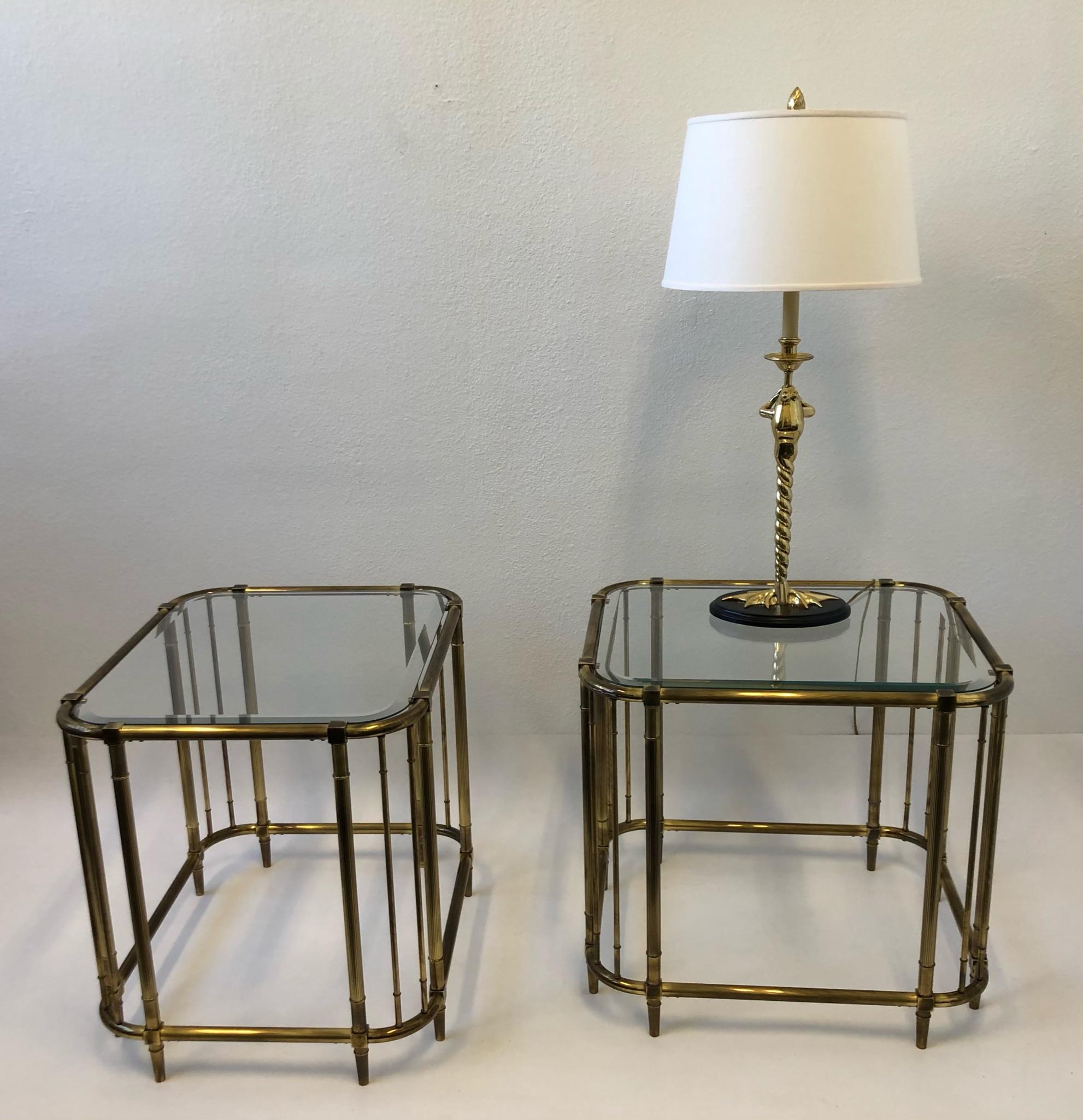 Pair of Aged Brass and Glass Side Tables by Mastercraft 3