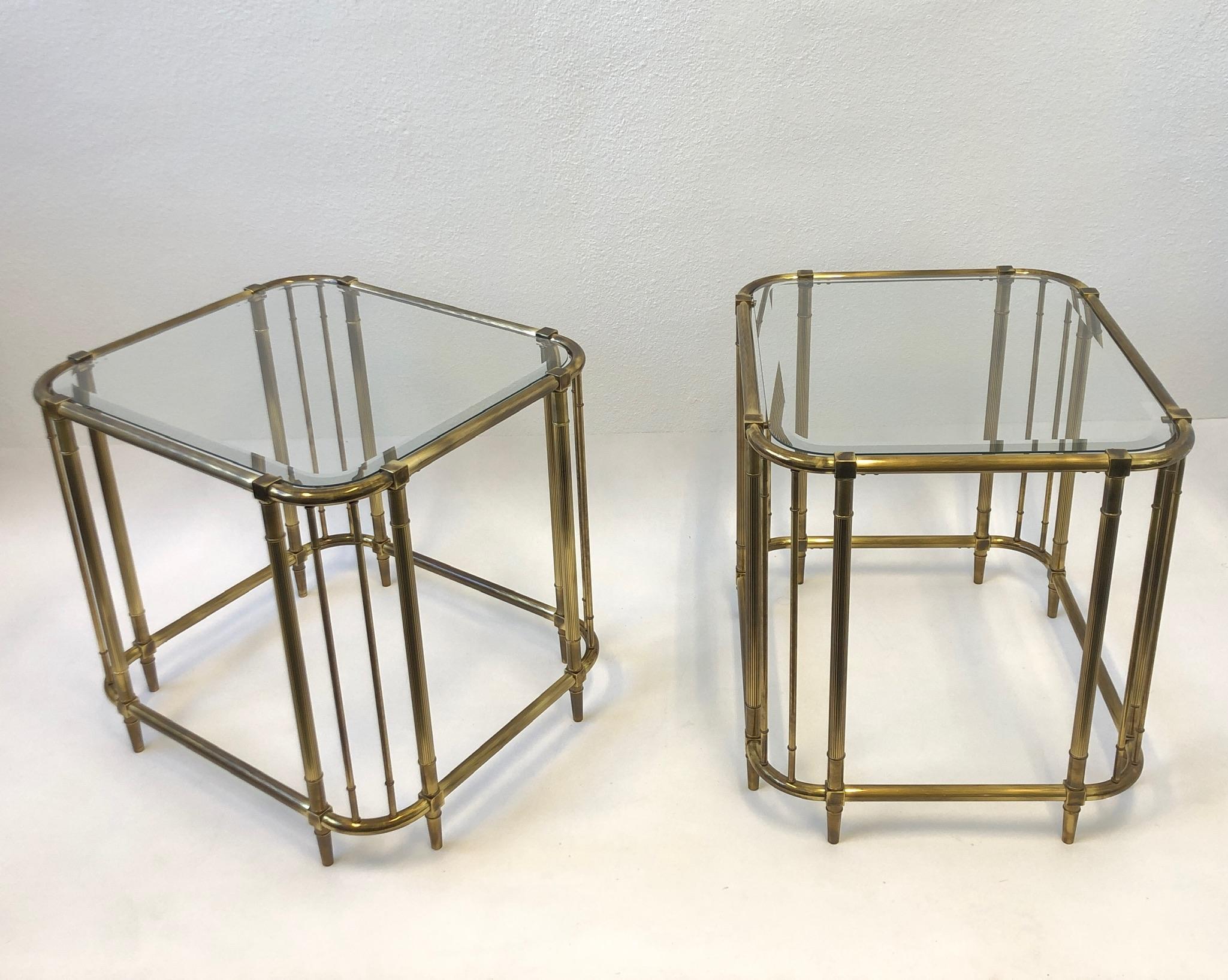 Modern Pair of Aged Brass and Glass Side Tables by Mastercraft