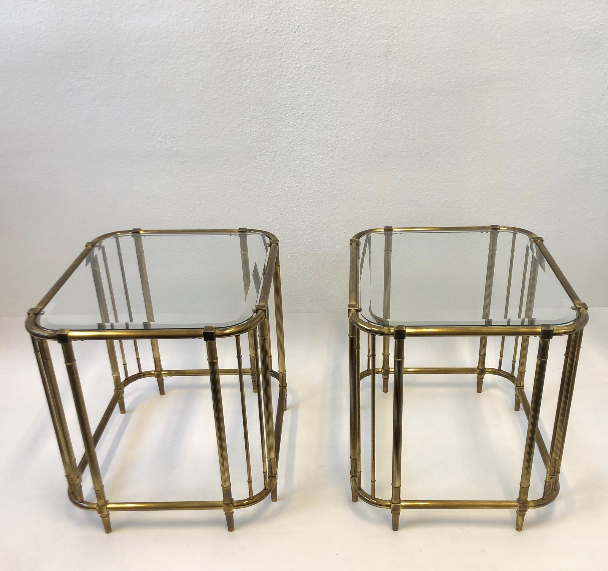 American Pair of Aged Brass and Glass Side Tables by Mastercraft
