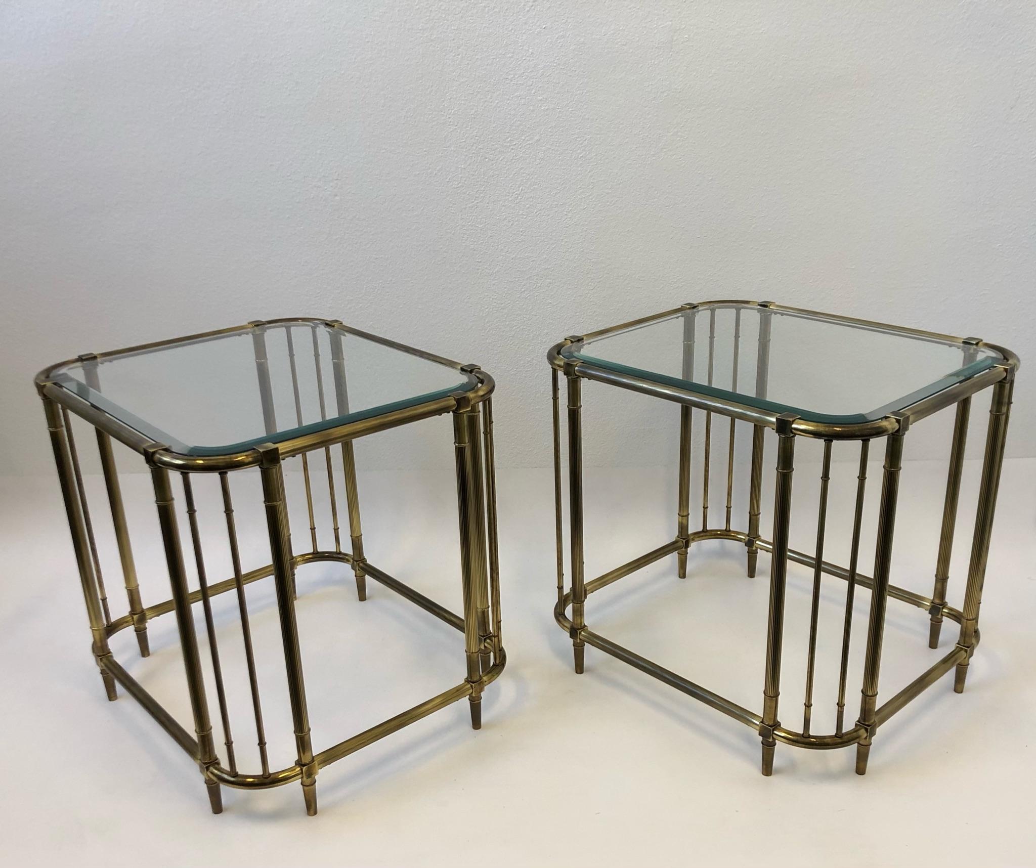 Late 20th Century Pair of Aged Brass and Glass Side Tables by Mastercraft