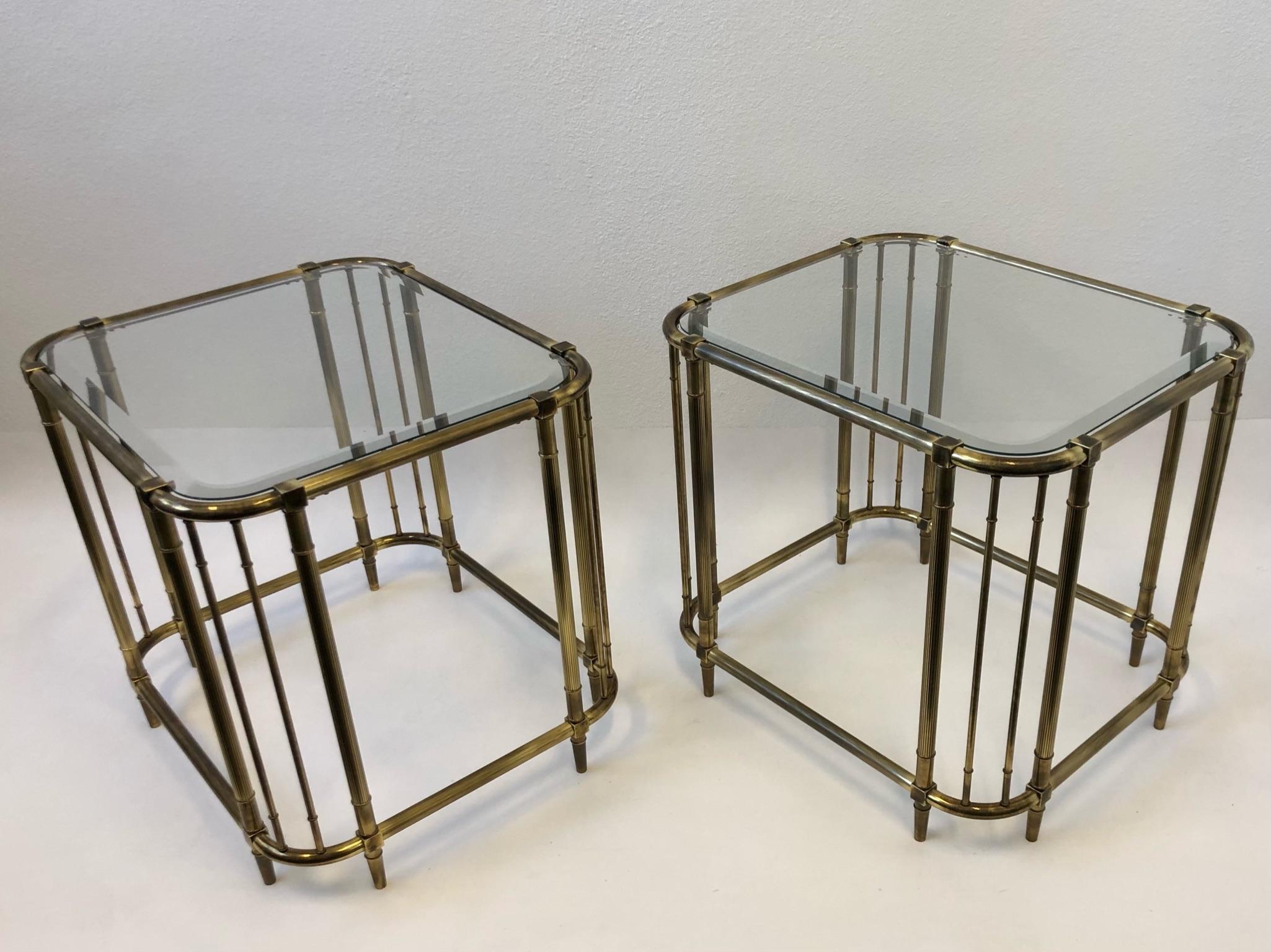 Pair of Aged Brass and Glass Side Tables by Mastercraft 1