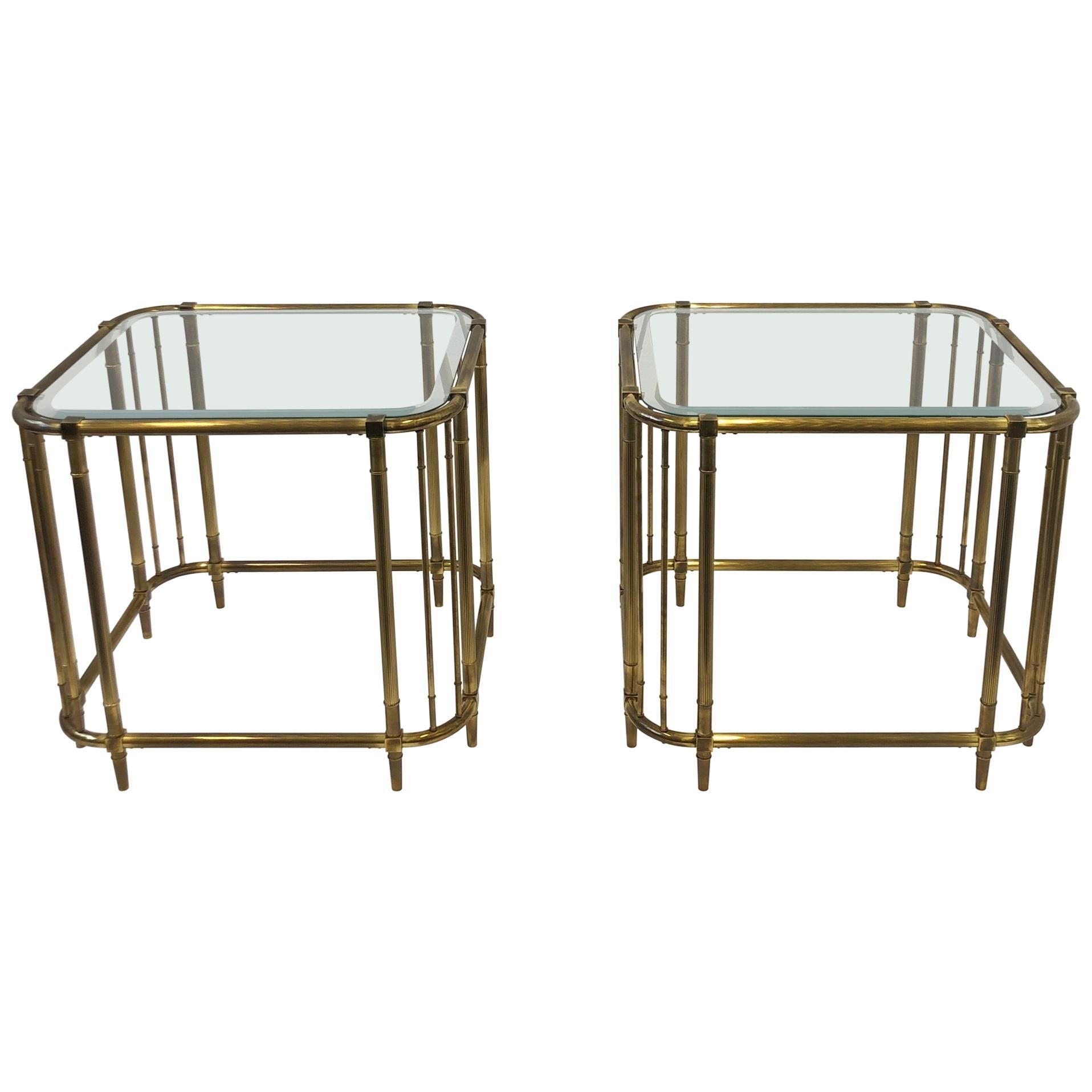 Pair of Aged Brass and Glass Side Tables by Mastercraft