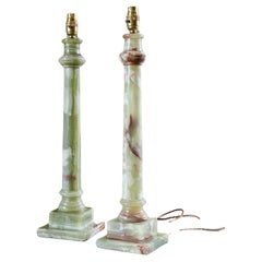 Antique A Pair of Alabaster Column Table Lamps