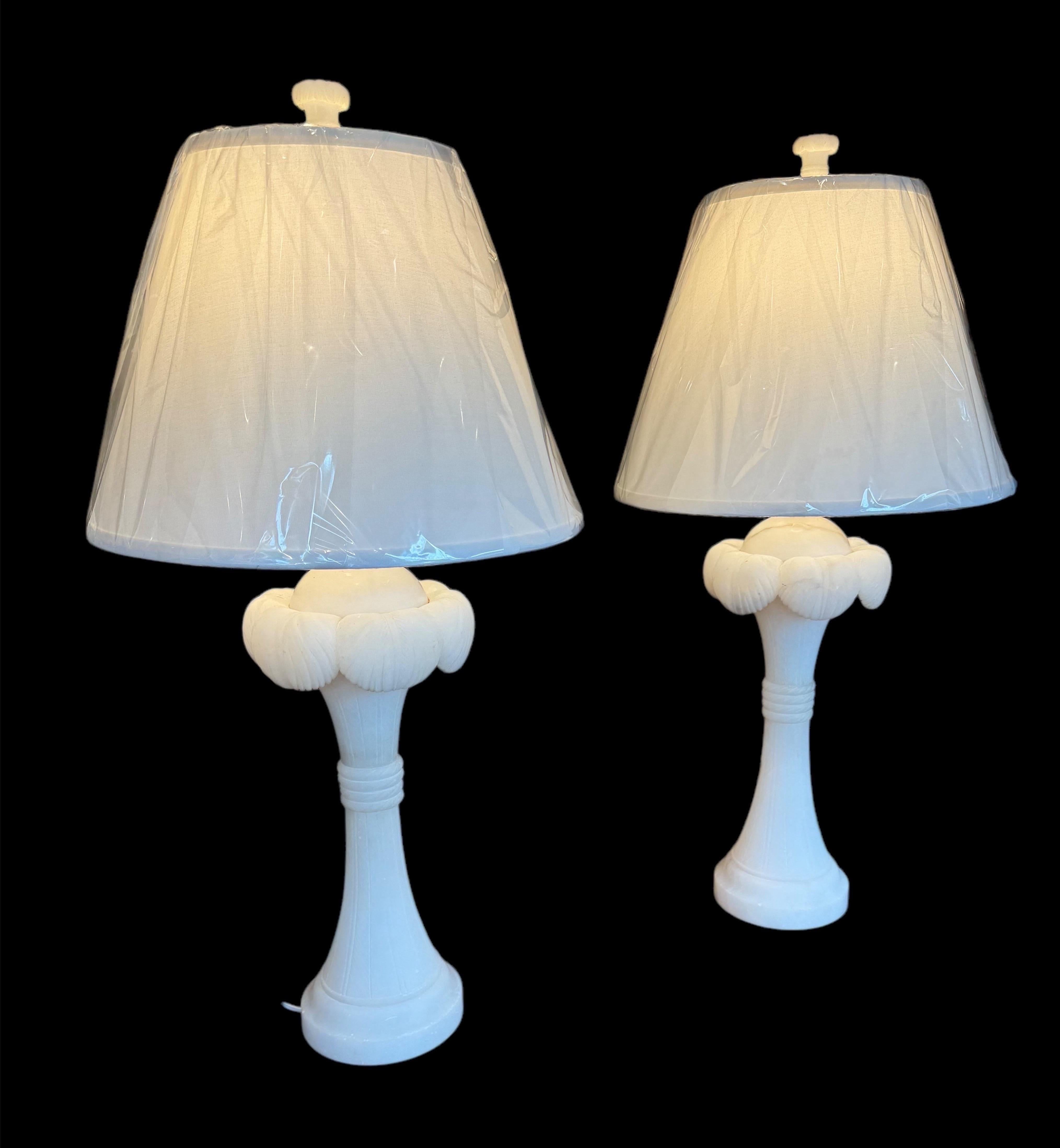 Carved A Pair of Alabaster Palm Frond Lamps