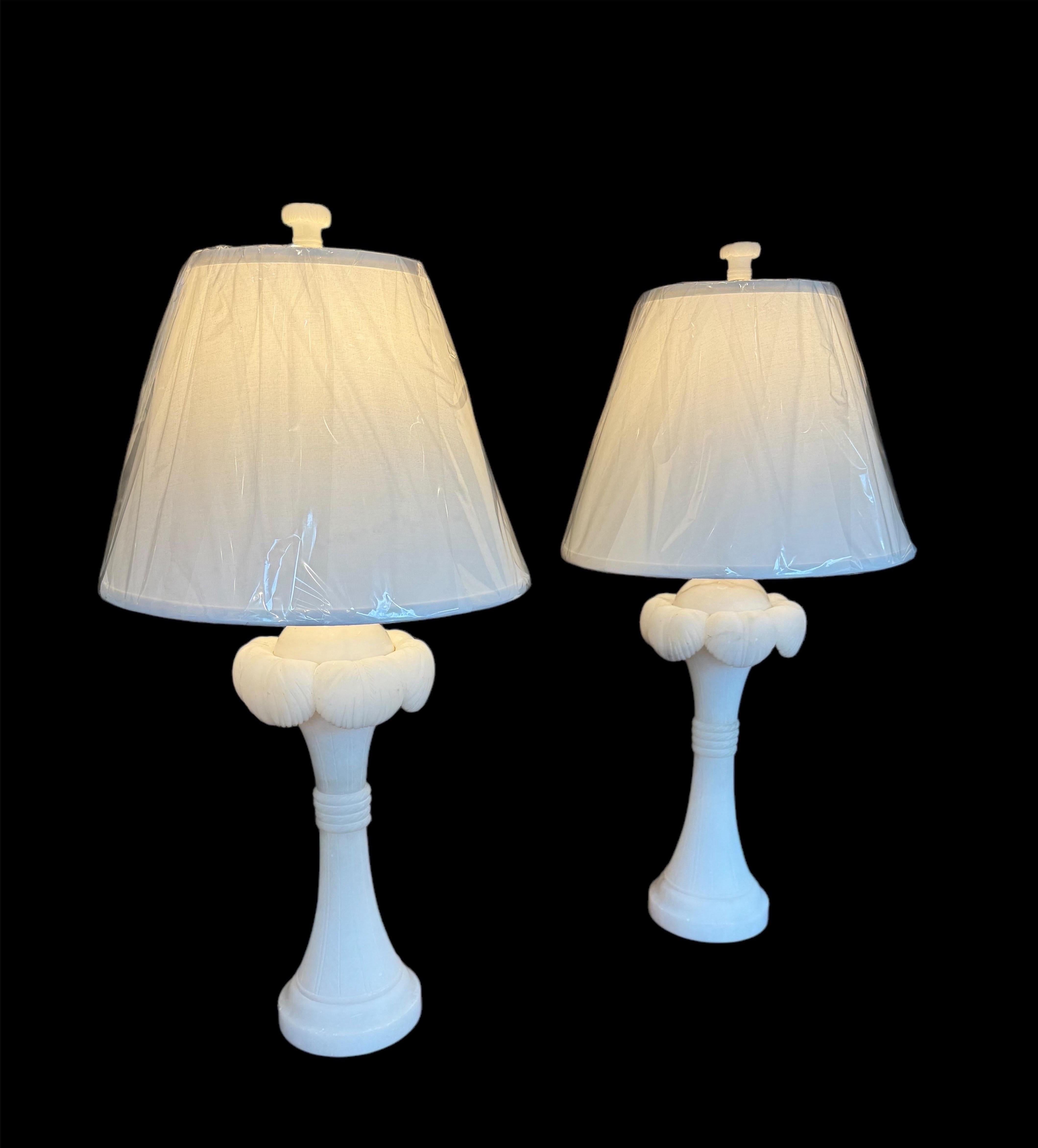 A Pair of Alabaster Palm Frond Lamps In Good Condition In Huntington, NY