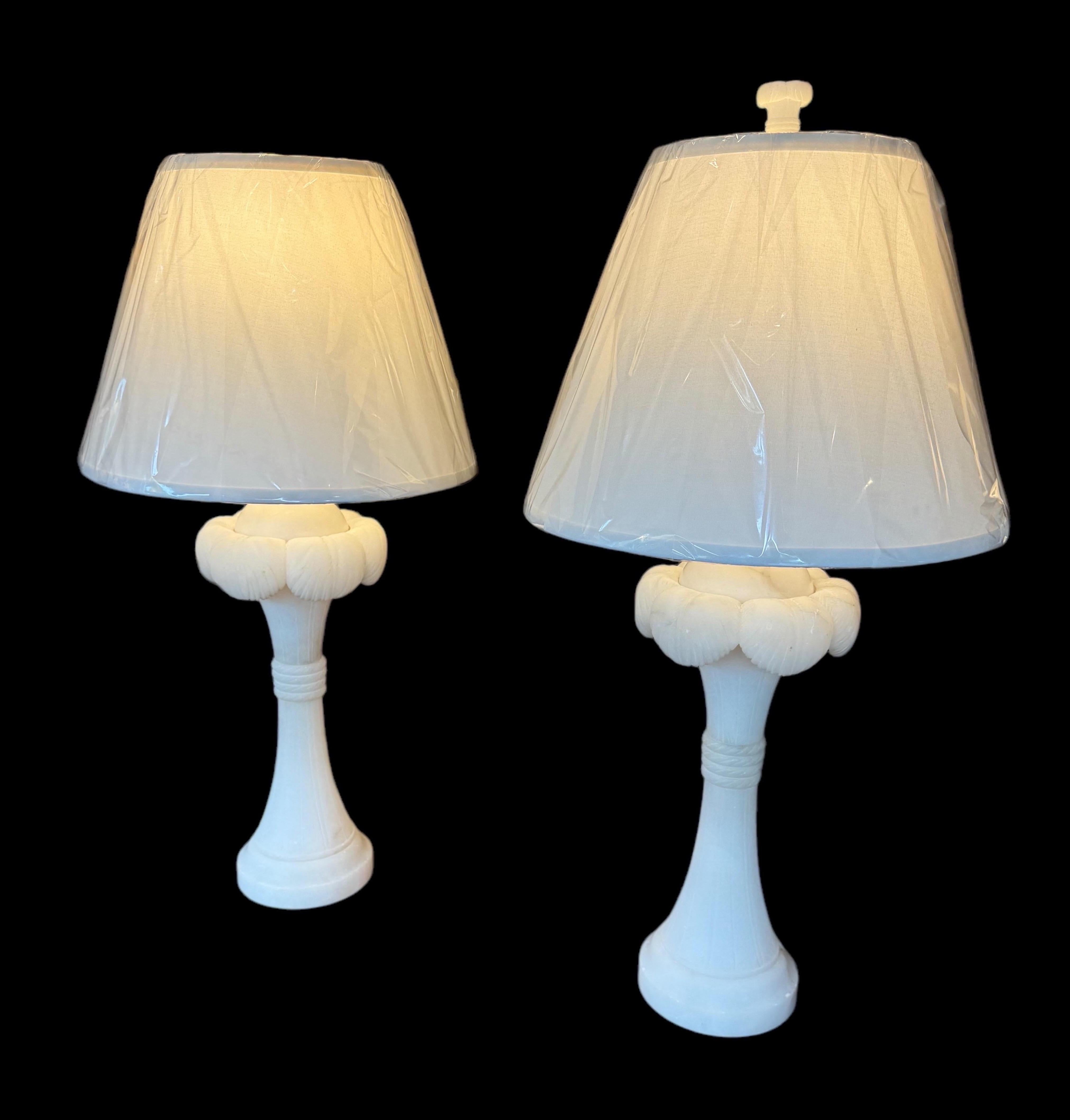 20th Century A Pair of Alabaster Palm Frond Lamps