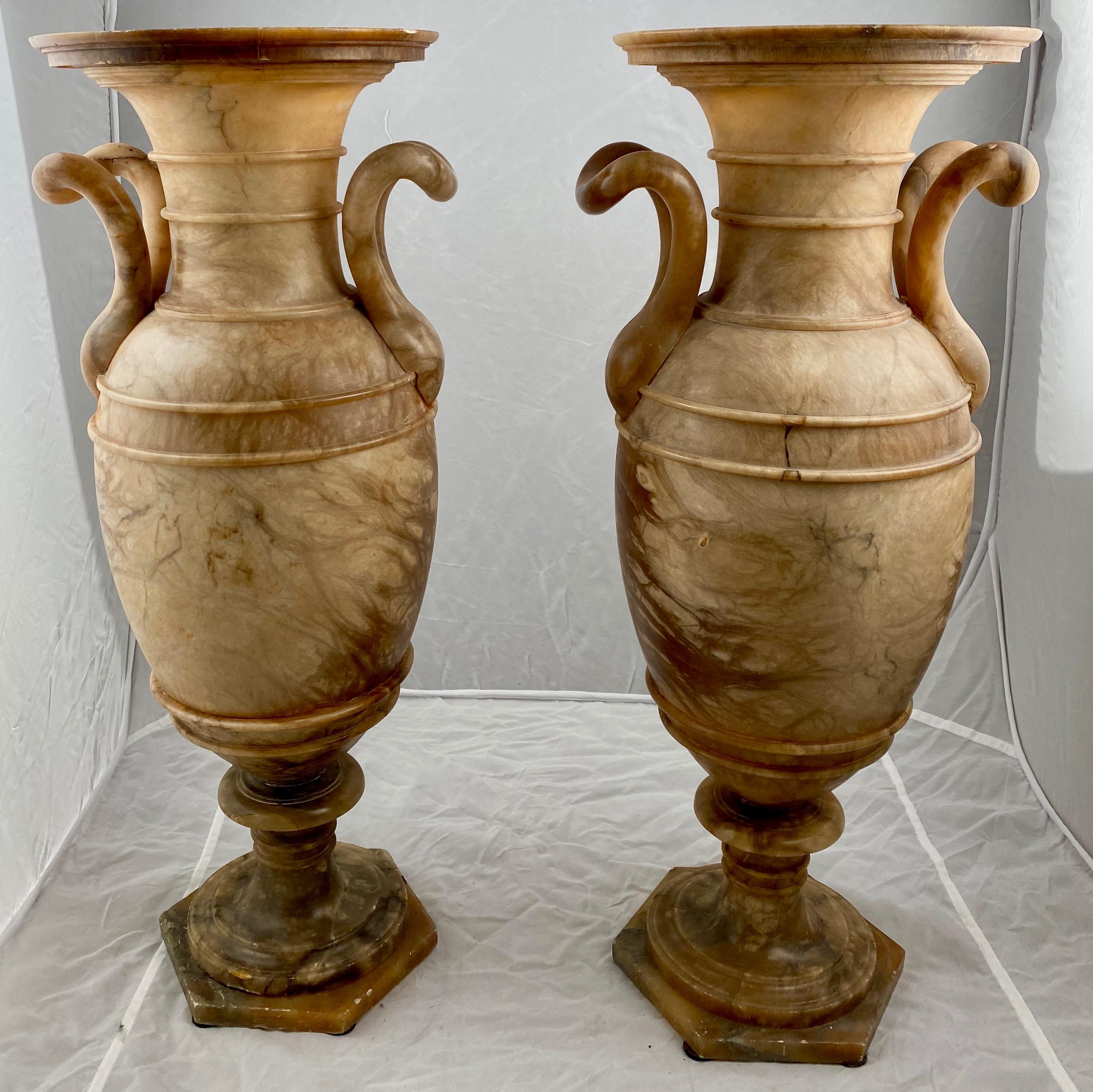 A pair of vases made by alabaster, early 19th century Italian.

Great warm color. Small restoration to one base.