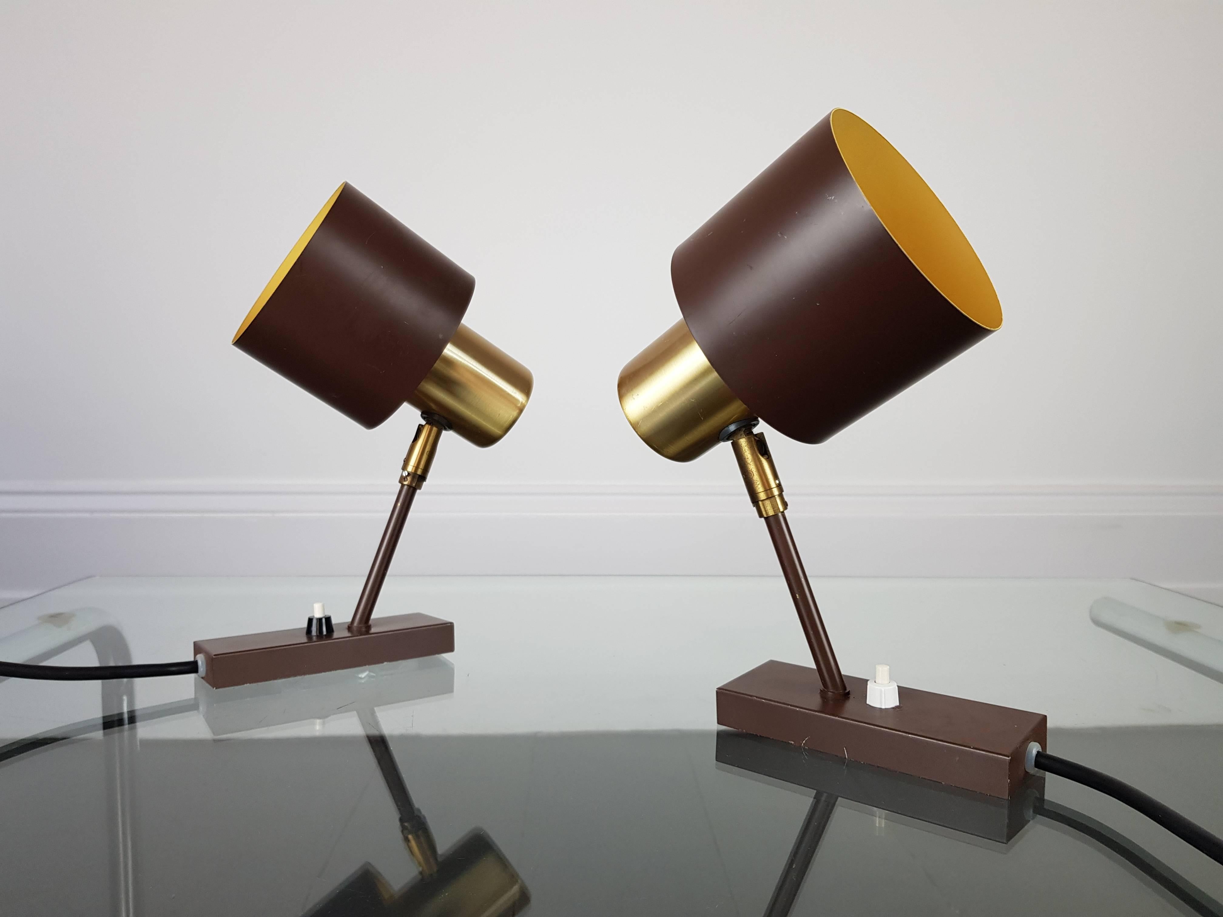 A set of two model Alfa wall sconces designed by Jo Hammerborg in 1966 and produced by Fog & Mørup in Denmark.
 
Made of brass, adjustable and have a distance of 24cm to the wall. 

In 1957 Hammerborg became head of design at Fog & Mørup. His