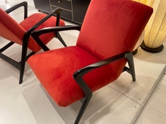 A Pair of Alfred Hendrickx Armchairs Covert in Coral Velvet, Belgium 1950.