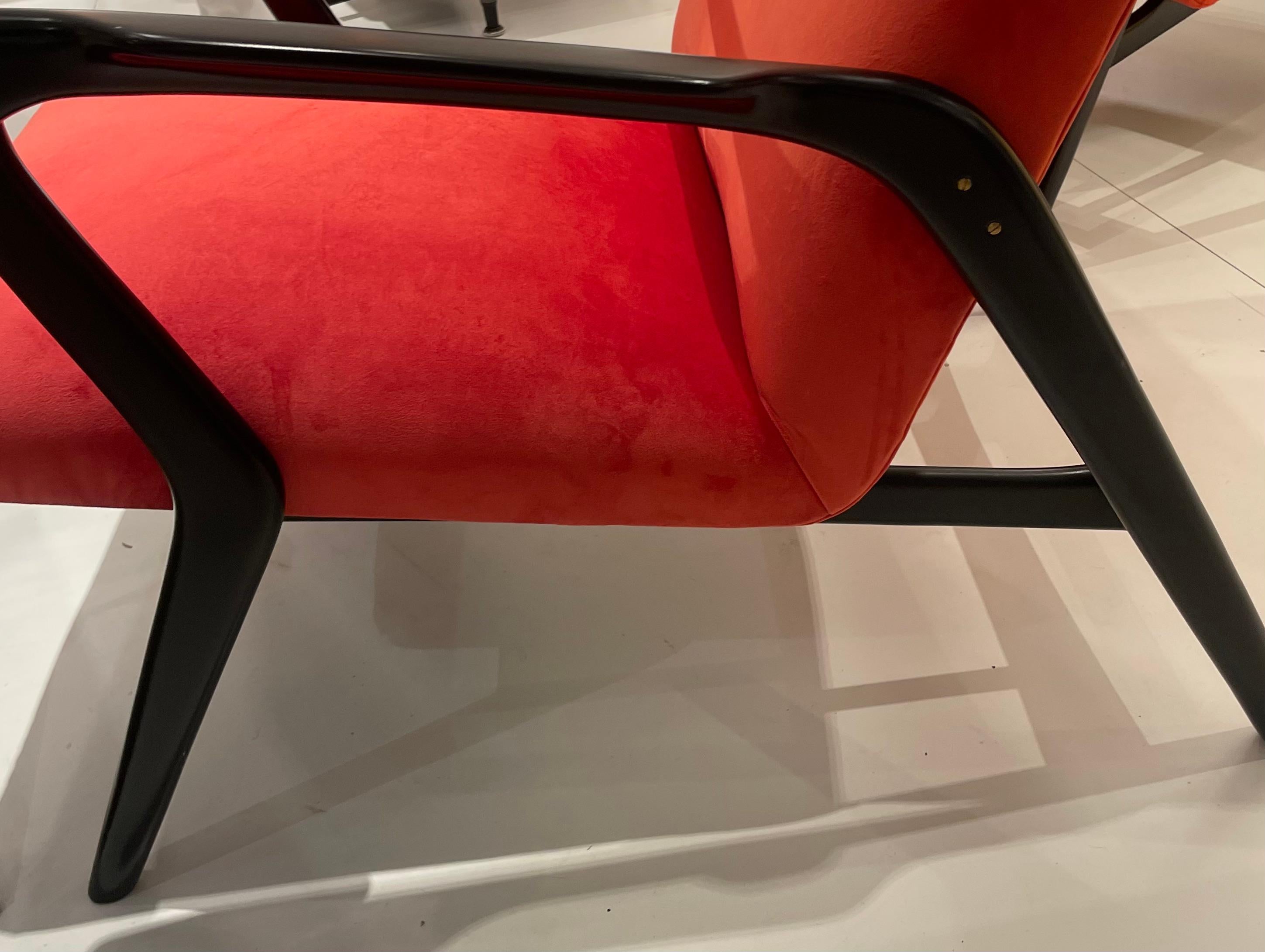 Blackened A Pair of Alfred Hendrickx Armchairs Covert in Coral Velvet, Belgium 1950. For Sale