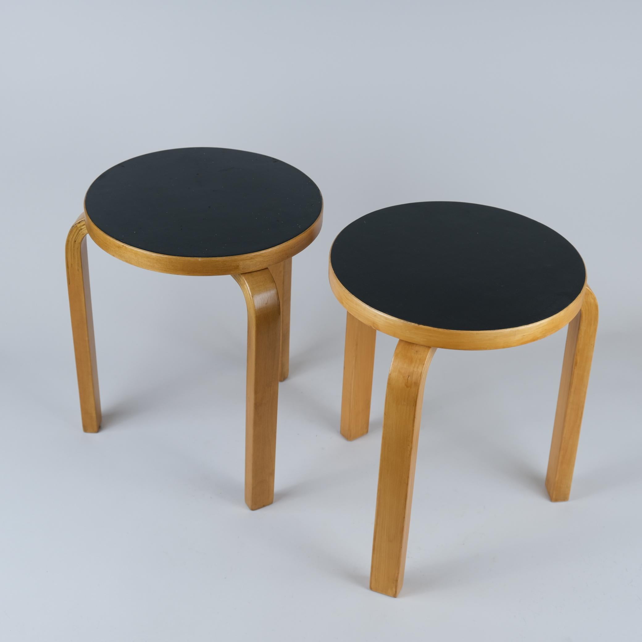 Scandinavian Modern A Pair of Alvar Aalto Stools Model no 60, Black Laminate, Artek 1950s For Sale