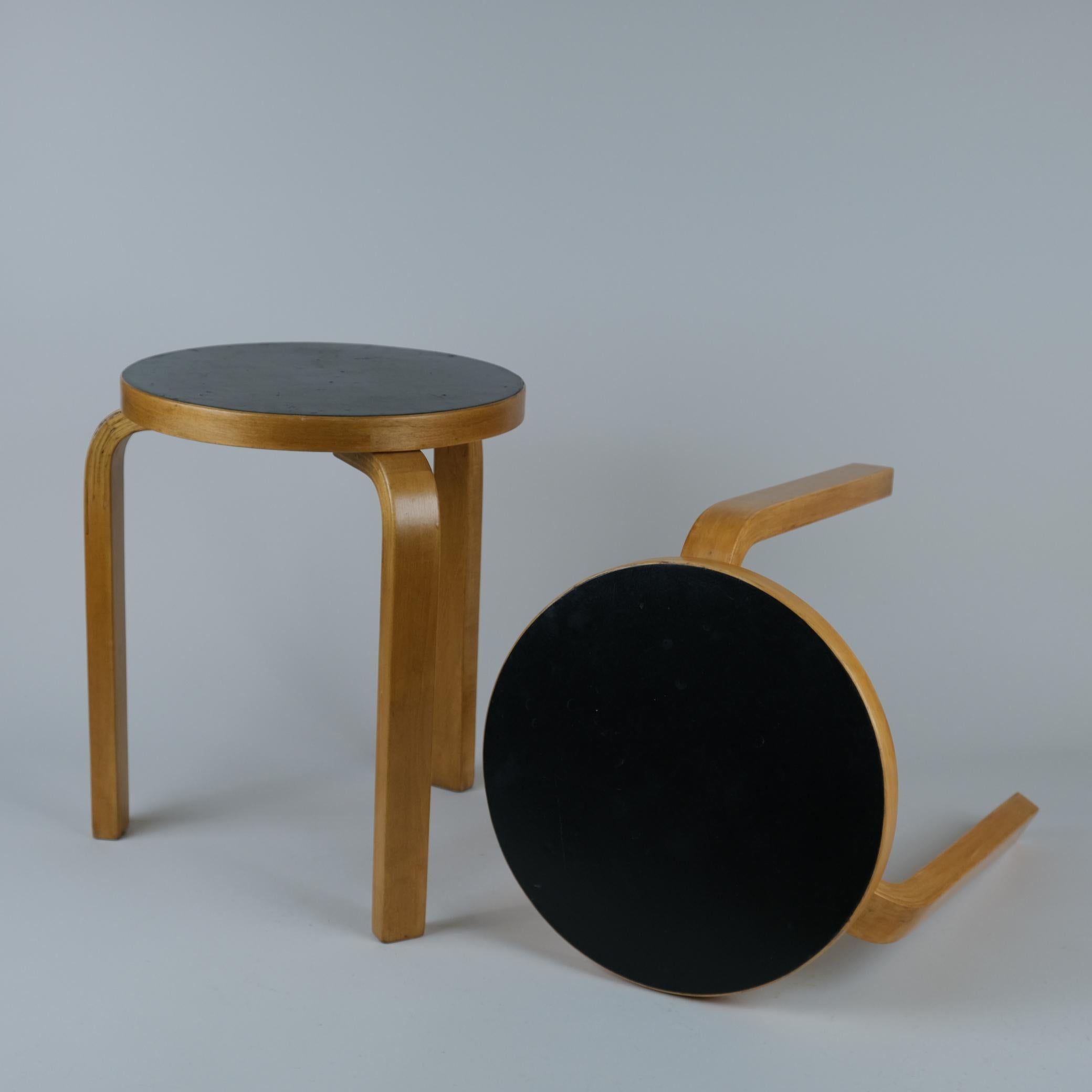 Finnish A Pair of Alvar Aalto Stools Model no 60, Black Laminate, Artek 1950s For Sale