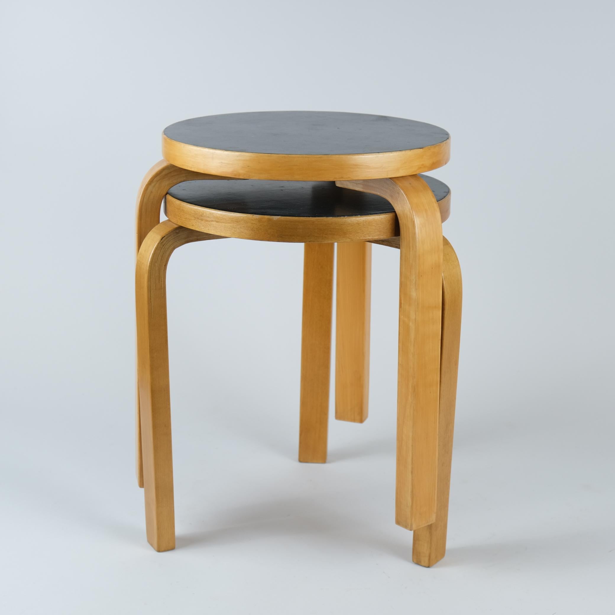A Pair of Alvar Aalto Stools Model no 60, Black Laminate, Artek 1950s For Sale 8