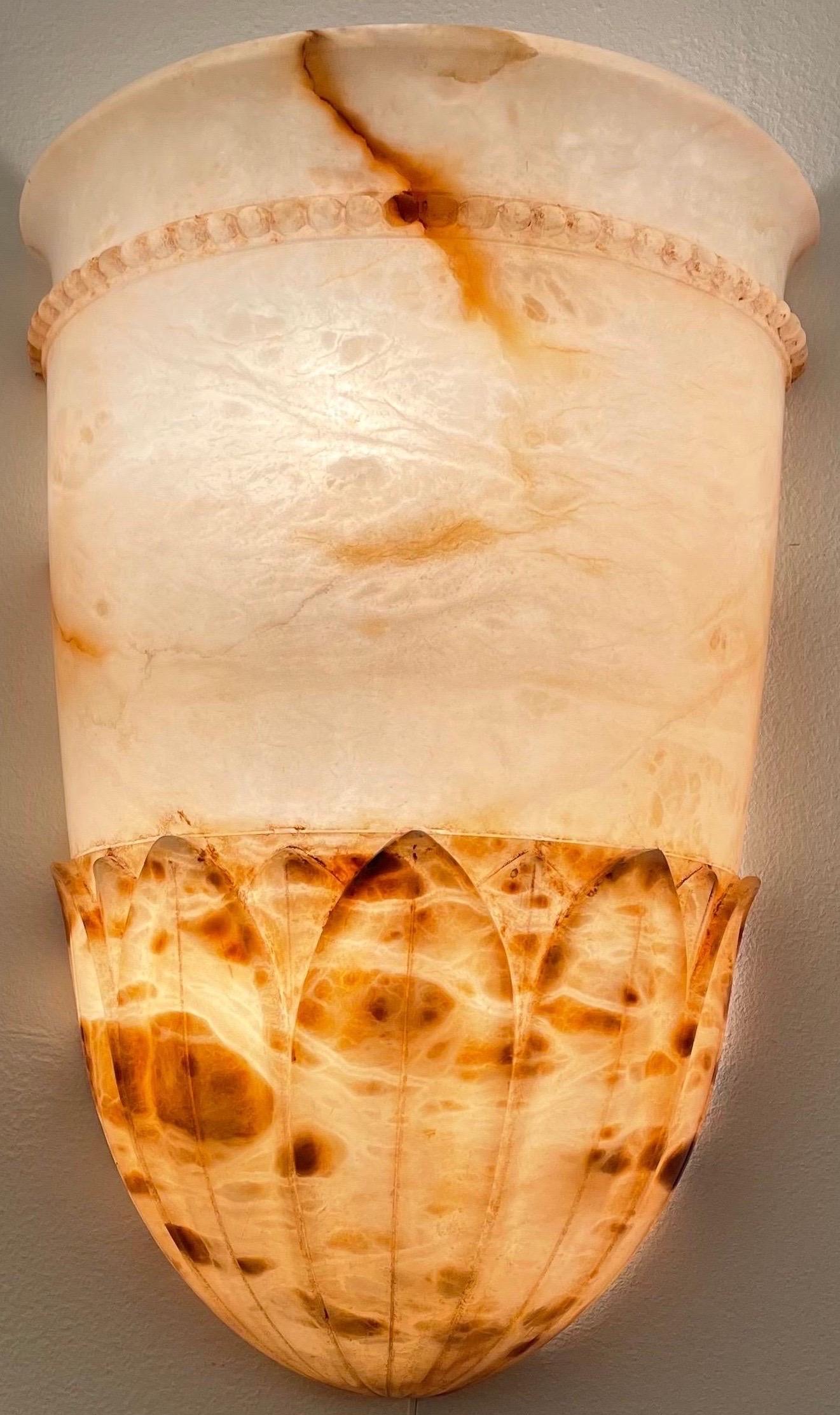 Pair of Amber Alabaster Sconces In Good Condition In New York, NY