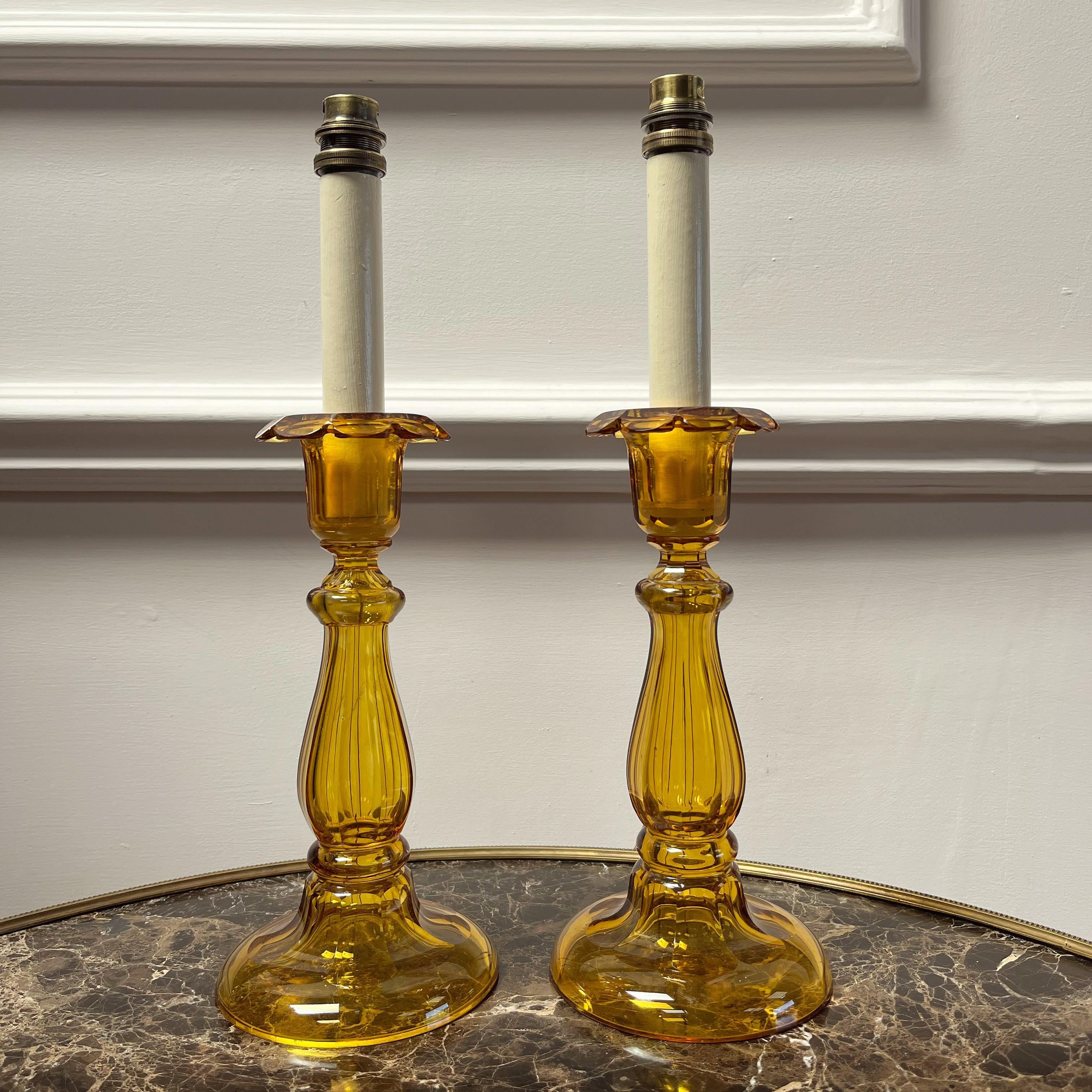 Bohemian Pair of Amber Candlesticks For Sale