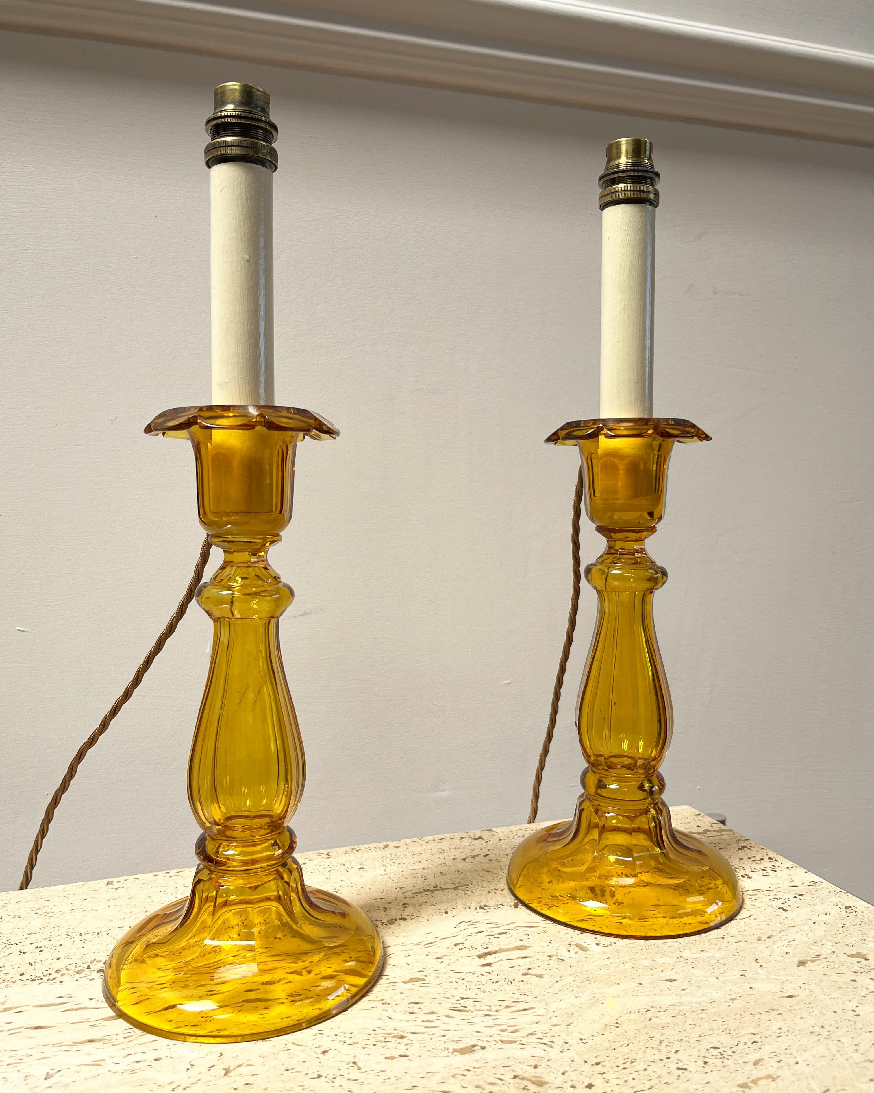 English Pair of Amber Candlesticks For Sale