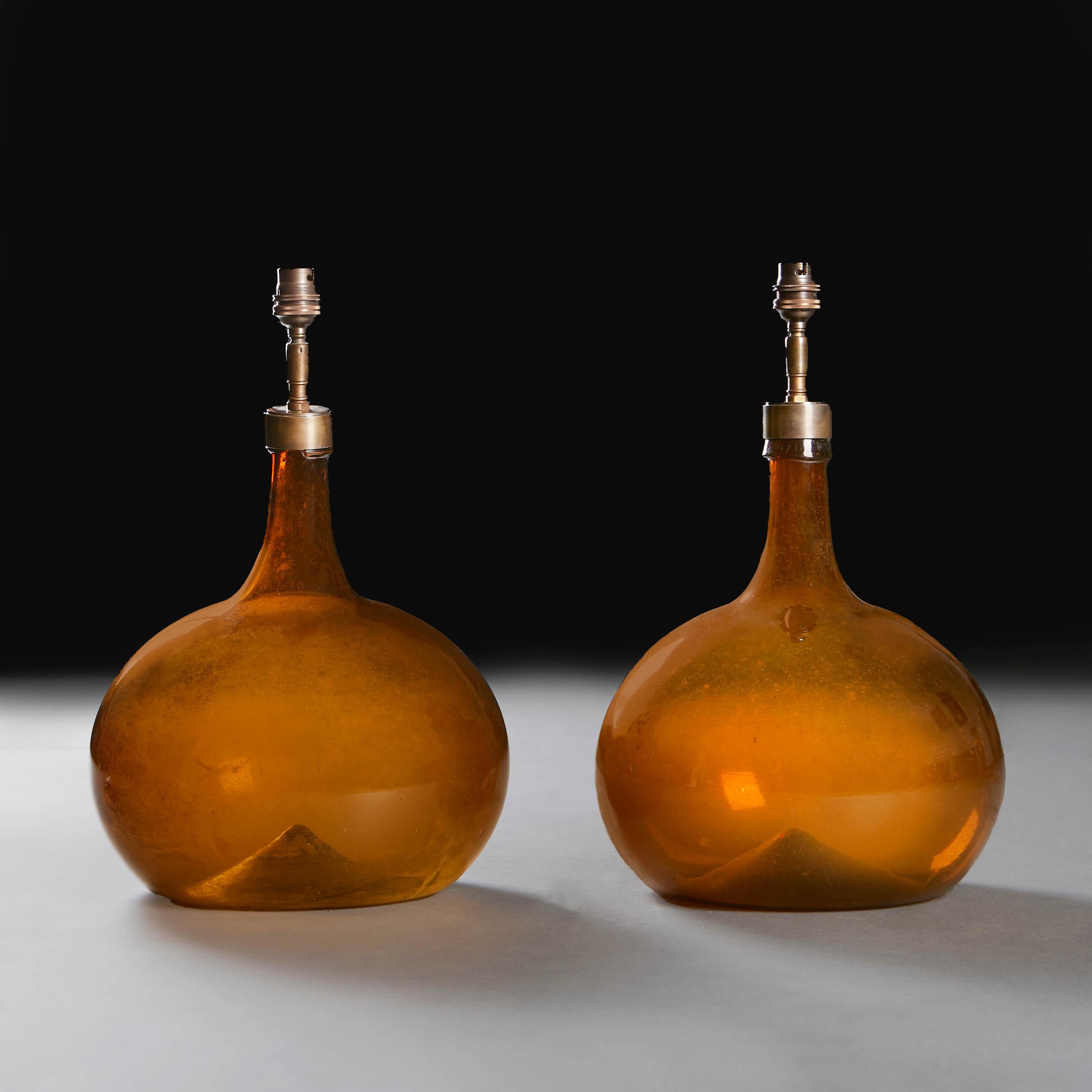 French A Pair Of Amber Glass Vessels As Lamps 