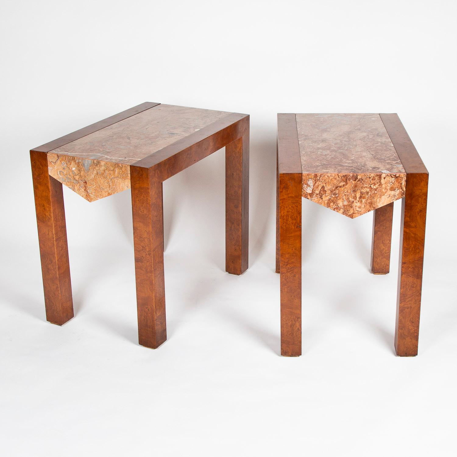 A pair of amboyna side tables with Alicante marble tops.

Designed by Pascua Ortega, Valencia.

Label under the marble top: VALENPAS, S.A. PASCUA ORTEGA VALENCIA 00 1142.



 